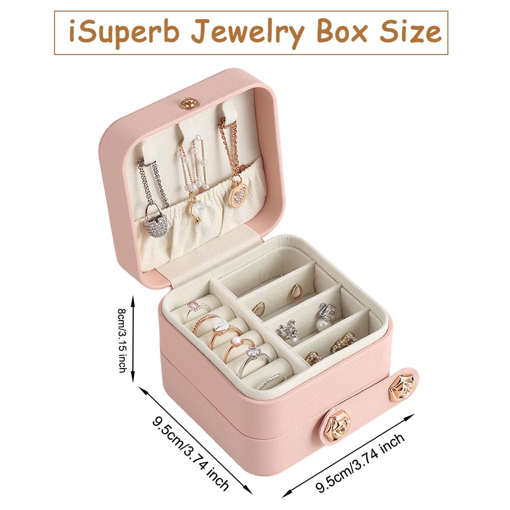 iSuperb 3-Layer PU Leather Travel Jewelry Box - Compact Display Storage Case for Rings, Earrings, Necklaces & Bracelets | Perfect Jewelry Organizer Gift for Women | Great for Travel, Home Use & Bridal Accessories