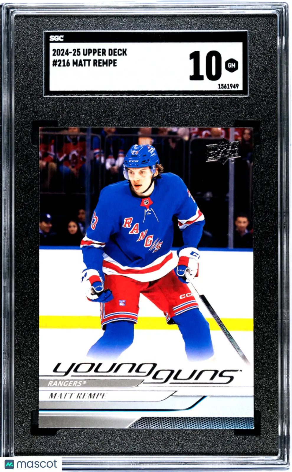 2024-25 Upper Deck Series 1 Hockey Matt Rempe Young Guns Rookie Card SGC 10 Gem Mint #216 - Perfect for NHL Collectors & Hockey Fans Display