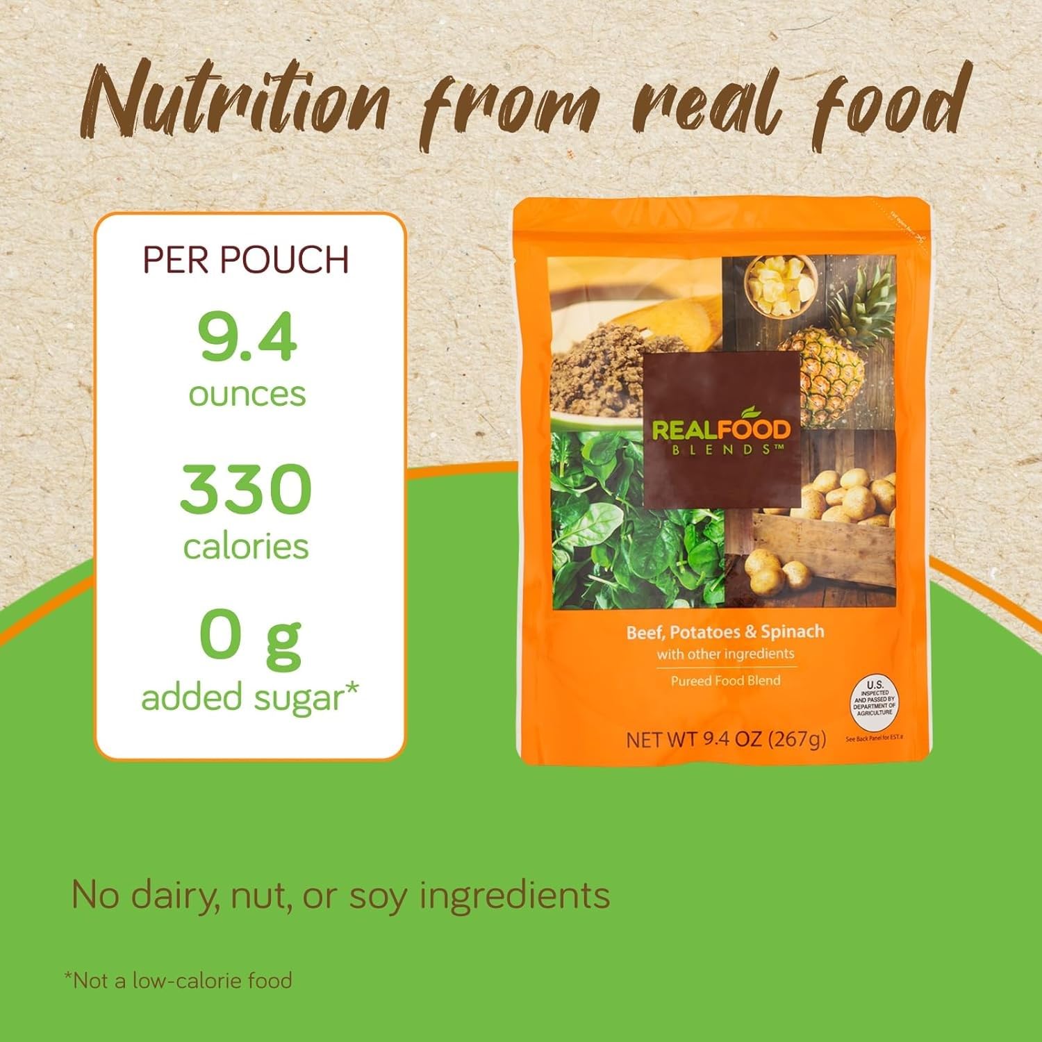 Real Food Blends Beef, Potatoes & Spinach Puree - High Protein Tube Feeding Meals with Vegetables & Fruits - 330 Calorie Nutrient-Rich Pureed Food for Adults & Seniors - 9.4 oz Pouch (12 Pack) - Ideal for G-Tube, PEG Tube & Meal Replacement