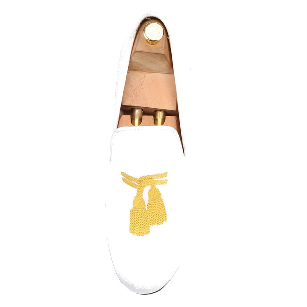 FERUCCI Men's White Velvet Loafers with Gold Embroidered Tassel - Comfortable House Slippers for Indoor & Lounge Wear