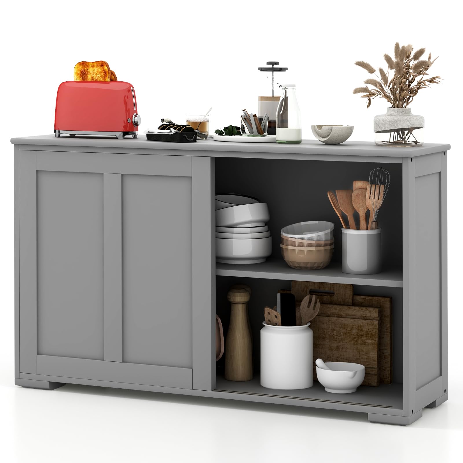 Costzon Wooden Sideboard Buffet Cabinet with Adjustable Shelf & Sliding Barn Door - Kitchen Storage Cabinet, Coffee Bar Console Table for Living Room, Dining Room, Hallway - Perfect for Home Organization & Entertaining (Grey)