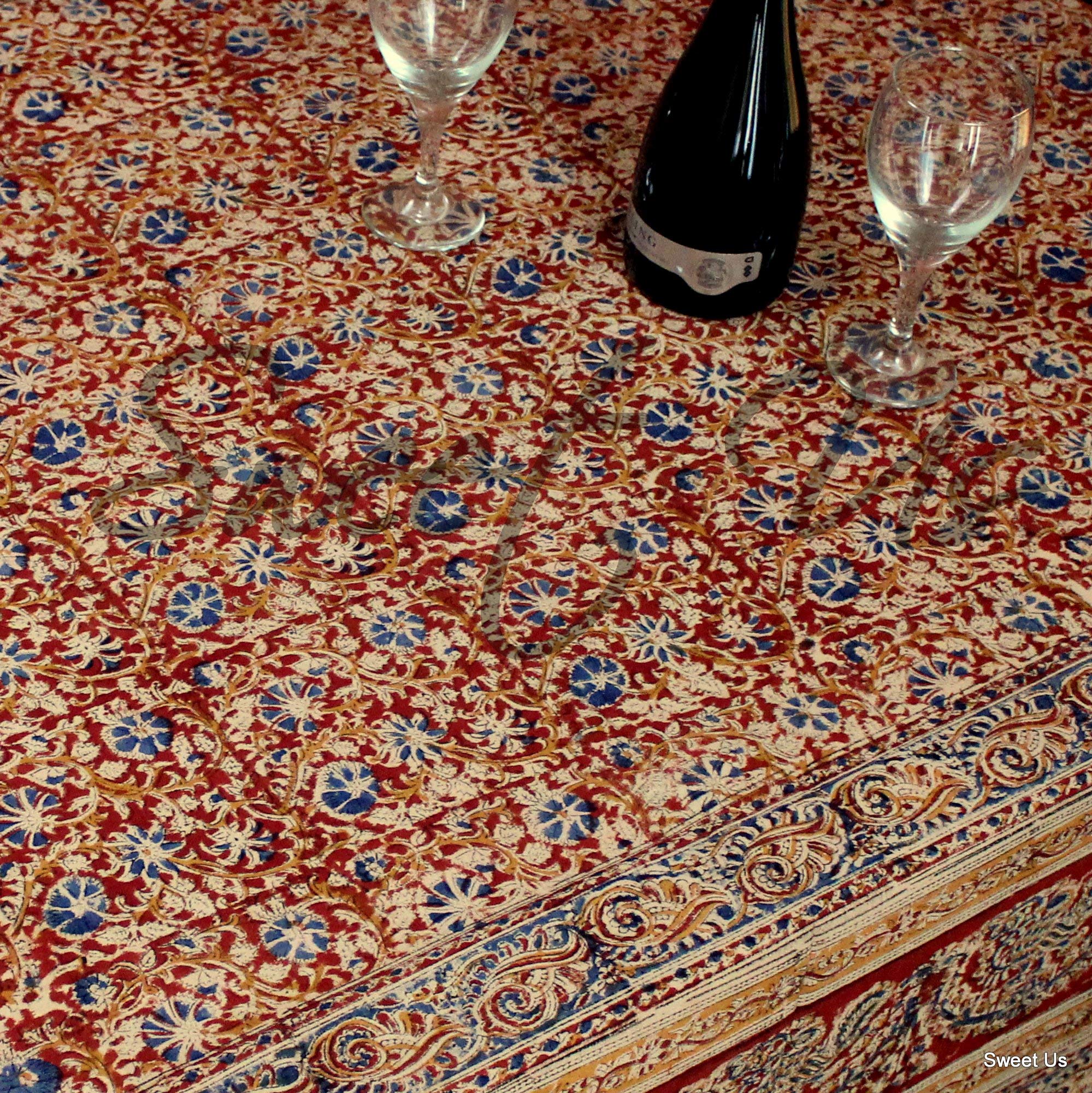 Handmade Homestead Vegetable Dye Block Print Cotton Tablecloth - Red Beige Floral Design (60x90 Inches) for Dining Room, Kitchen Decor & Farmhouse Style Tables