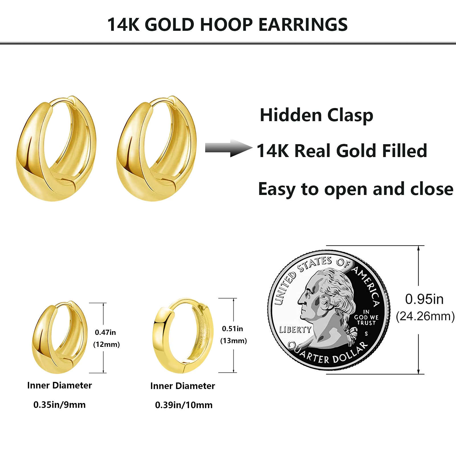 2 Pairs 14k Gold Filled Huggie Hoop Earrings - Tiny Hypoallergenic Cartilage Earrings for Women & Men - Minimalist Chunky Sleeper Cuff Earrings Set for Everyday Wear & Gifting