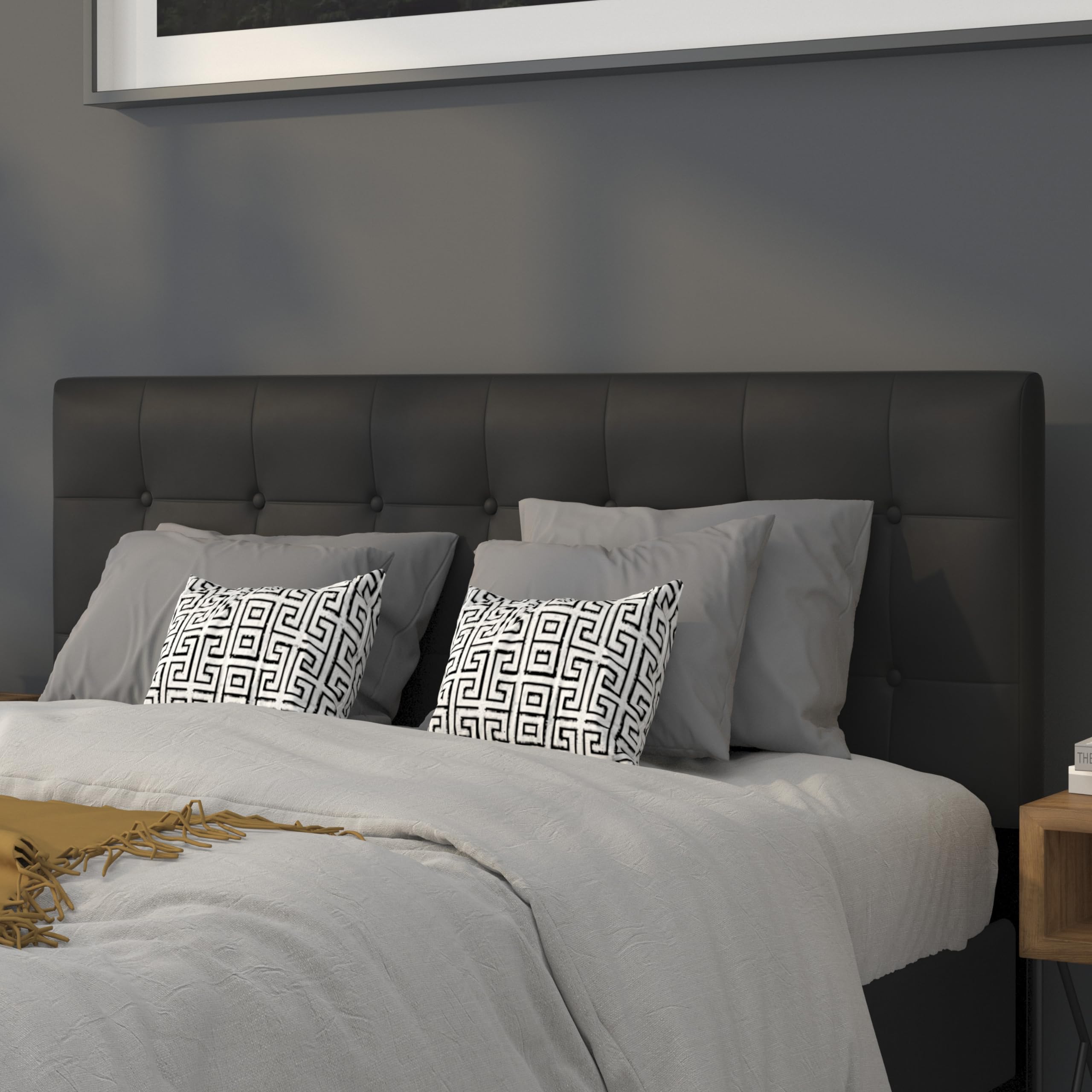 Flash Furniture Lennox Tufted Upholstered Queen Size Headboard - Adjustable Height Contemporary Vinyl Headboard in Black - Perfect for Modern Bedrooms & Guest Rooms