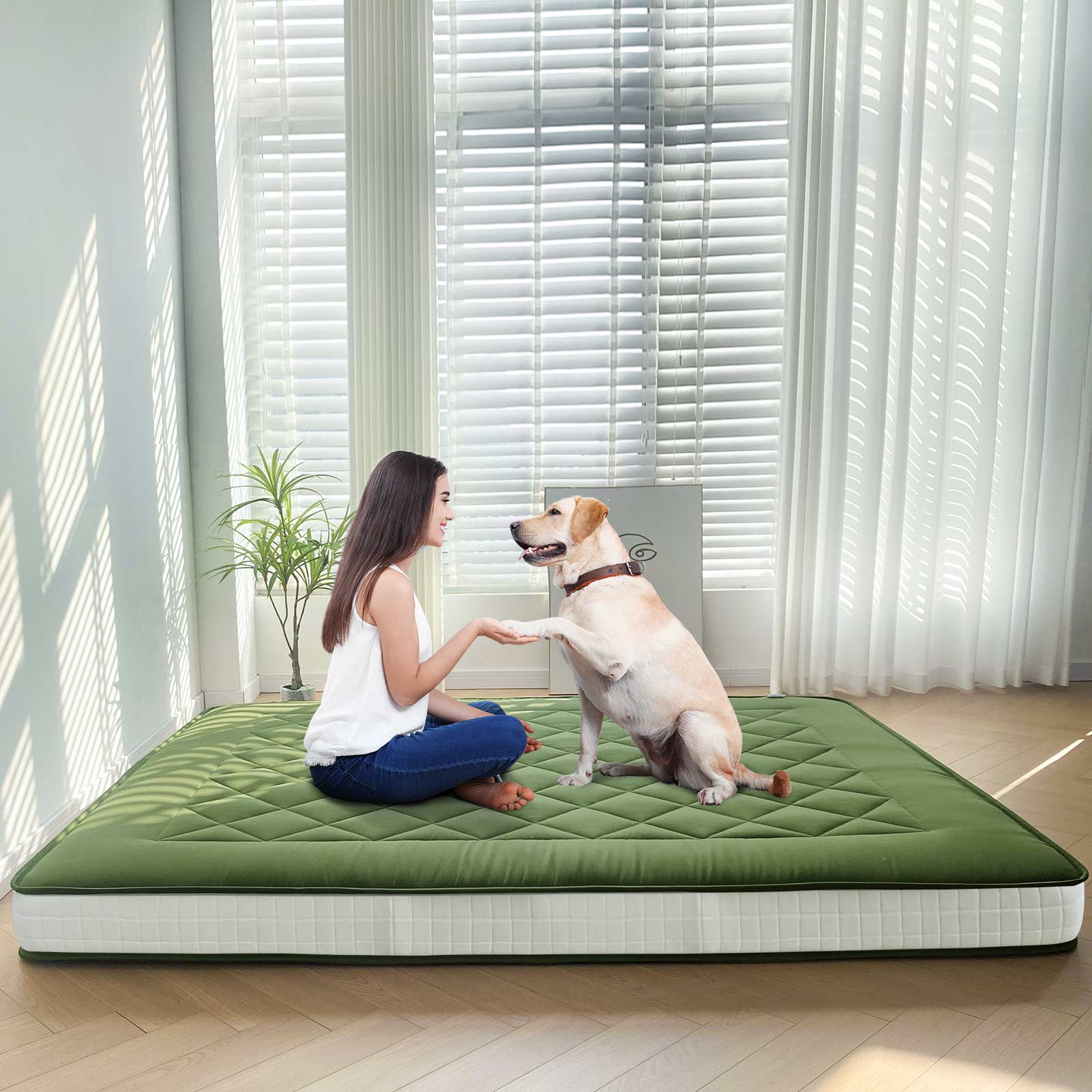 MAXYOYO 6-Inch Extra Thick Japanese Floor Futon Mattress - Premium Diamond Quilting Design for Bedroom, Guest Room & Small Spaces - Green (Queen Size) | Ideal for Apartments, Dorms, Sleepovers & Minimalist Living