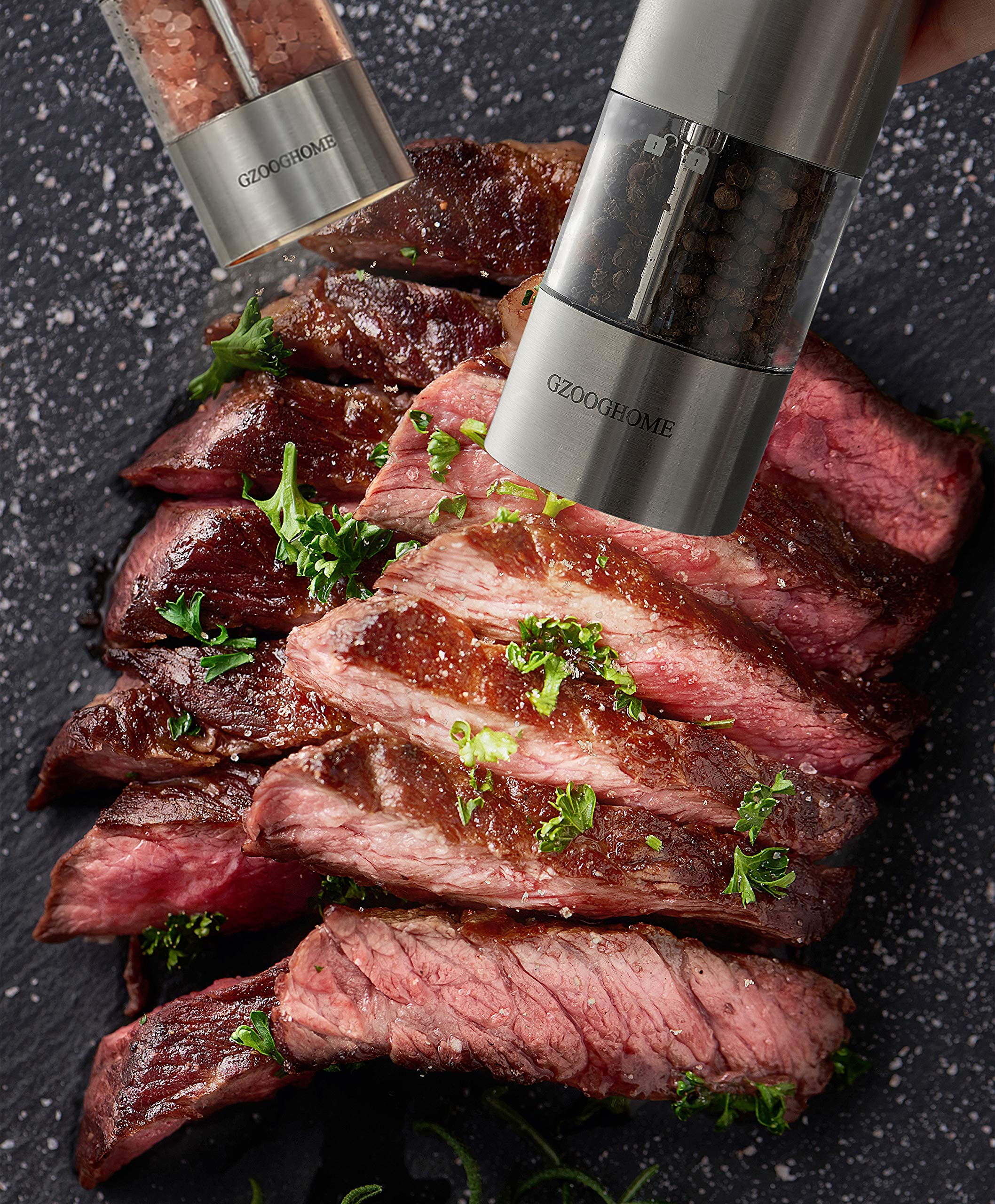 Electric Salt and Pepper Grinder Set - Battery Operated Automatic One-Handed Mill with Adjustable Coarseness & Funnel - Perfect for Kitchen, Dining Table & Camping (Non-Rechargeable Batteries)