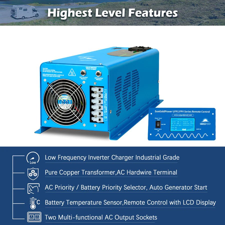 SunGoldPower 6000W 24V Pure Sine Wave Inverter with Charger - Split Phase Power Converter for RVs, Solar Systems & Off-Grid Living