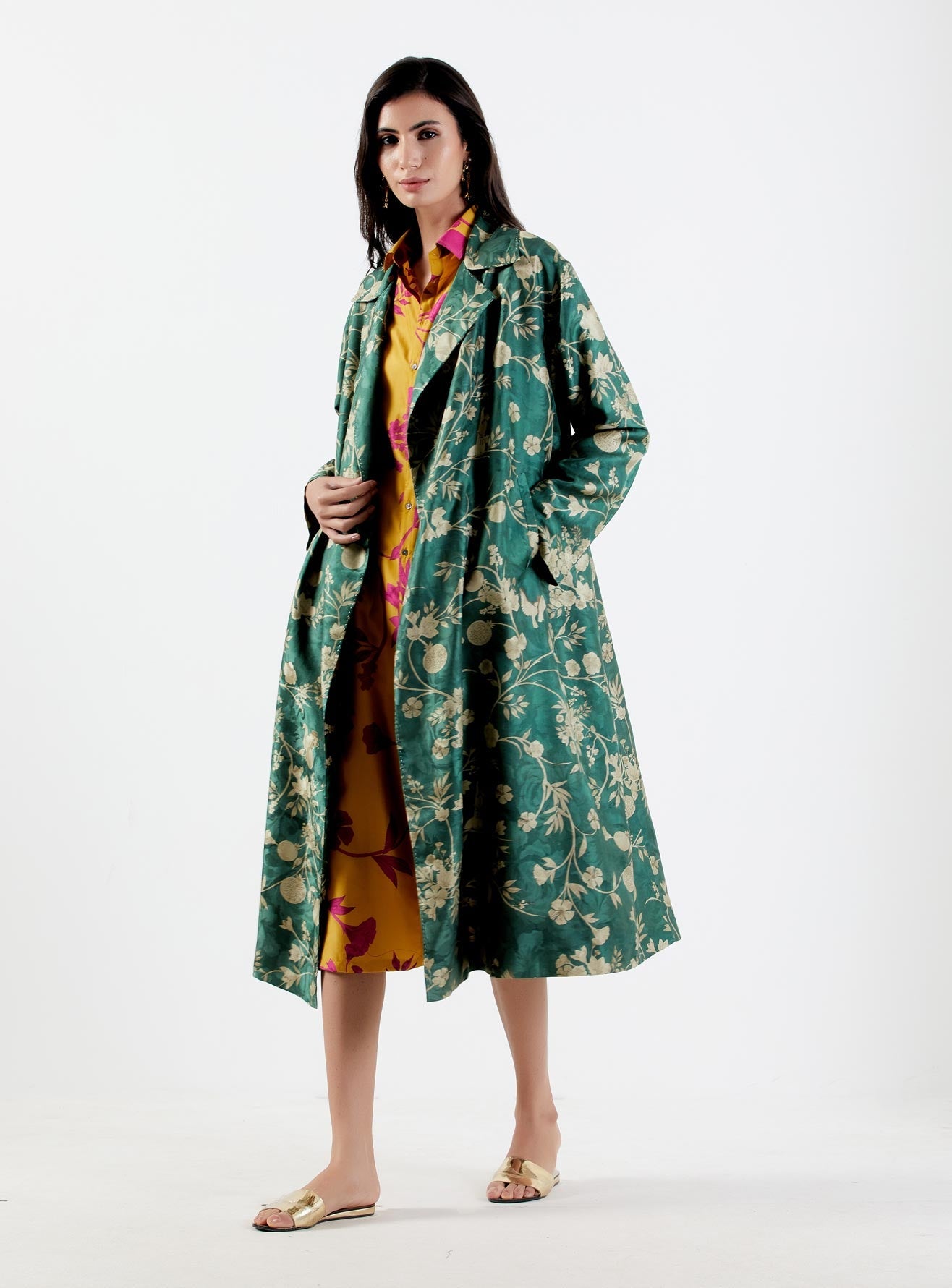 Luxury Long Silk Damask Coat for Women - Elegant Forest Print Outerwear for Fall & Winter | Perfect for Formal Events, Weddings & Evening Occasions