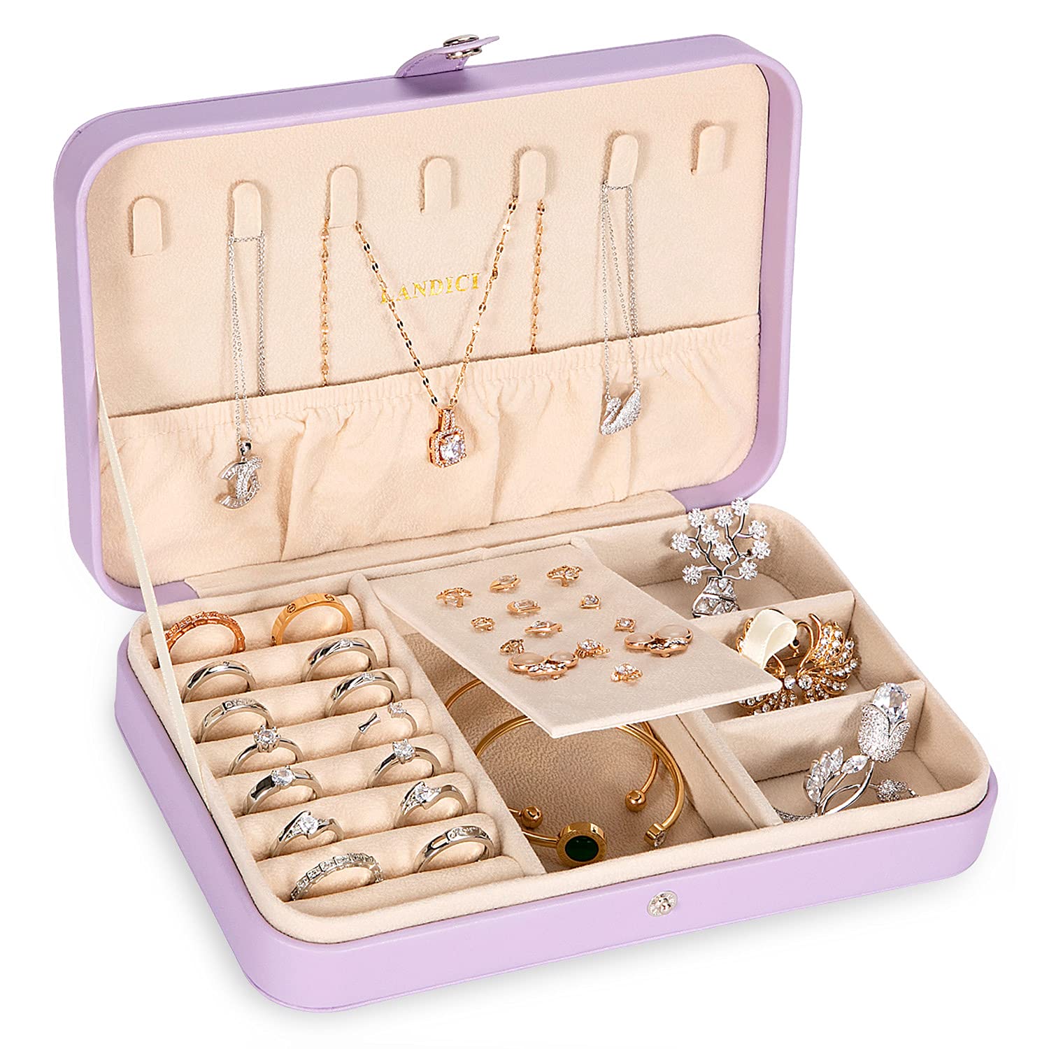 LANDICI Small Jewelry Box for Women & Girls - PU Leather Travel Jewelry Organizer Case with Storage Compartments for Rings, Earrings, Necklaces, Bracelets - Perfect Gift for Women, Men & Kids (Lavender) - Great for Travel, Home Storage & Gift Giving