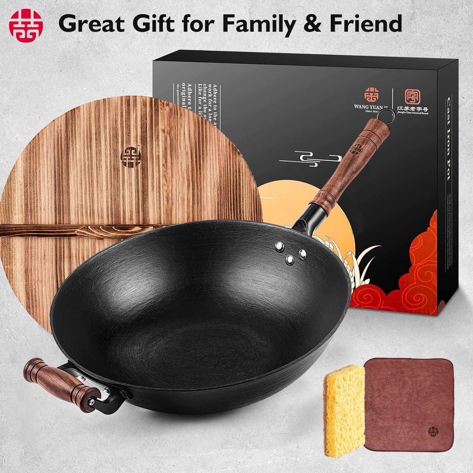 WANGYUANJI 14.2 Inch Cast Iron Wok Pan - Large Flat Bottom Stir Fry Pan with Lid & Wooden Handle - Uncoated Healthy Cooking Pot for Gas, Electric & Induction Stoves - Perfect for Asian Stir-Fry, Deep Frying & Family Meals