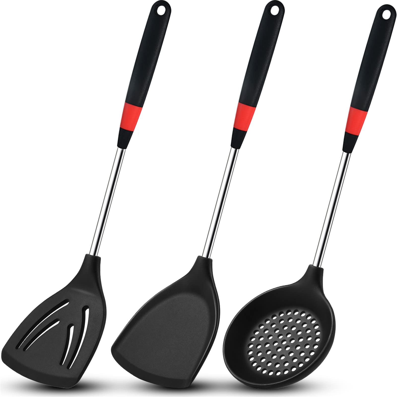 3-Piece Silicone Stainless Steel Spatula Set - Flexible Wok Turner, Slotted Spatula & Skimmer Spoon for Nonstick Cookware - Perfect for Cooking, Baking, Flipping Pancakes & Stirring Sauces