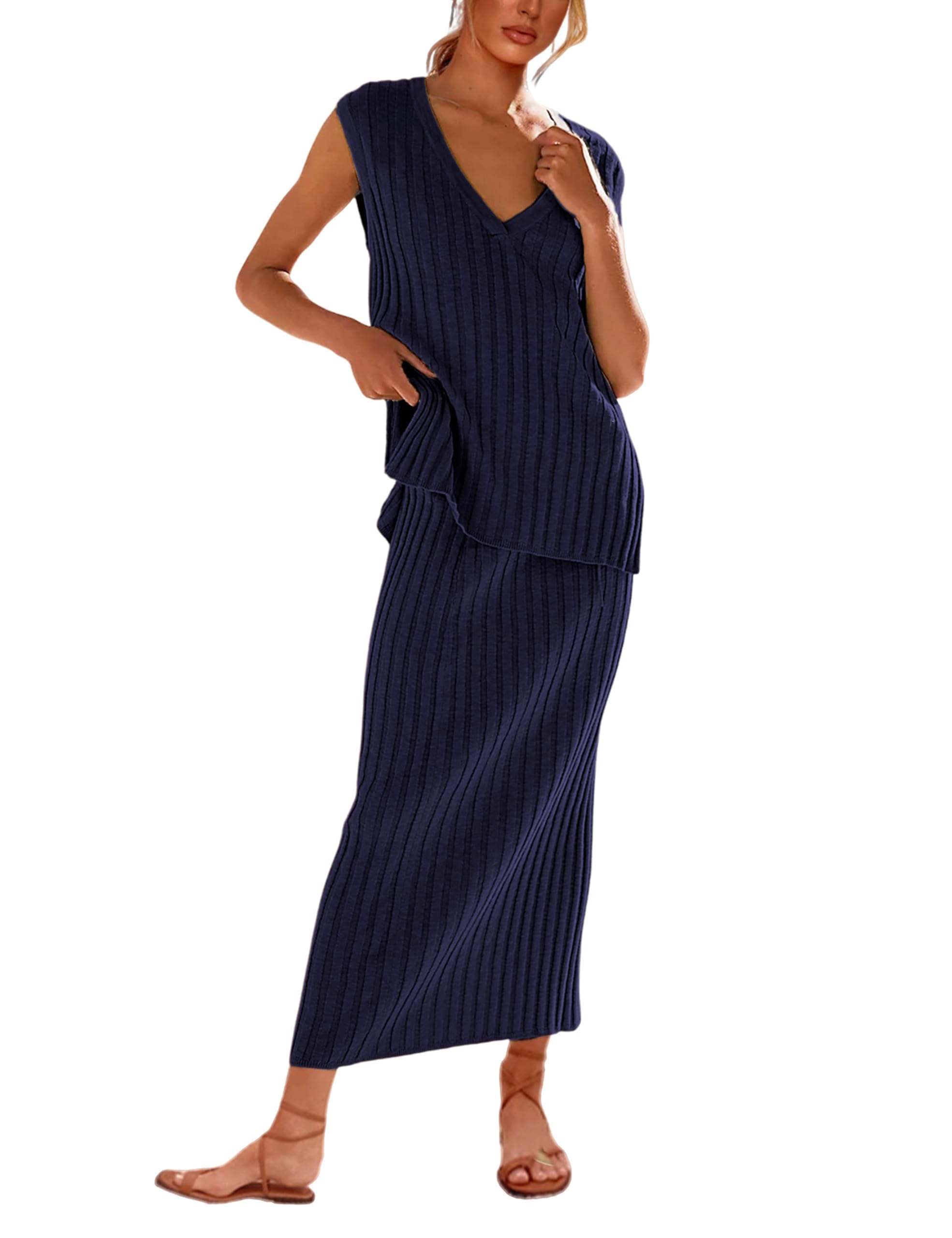 Women's 2-Piece Outfit - Sleeveless V-Neck Knit Vest & High Waisted Skirt Set | Summer Casual Wear, Office Outfits, Date Night & Vacation Outfits