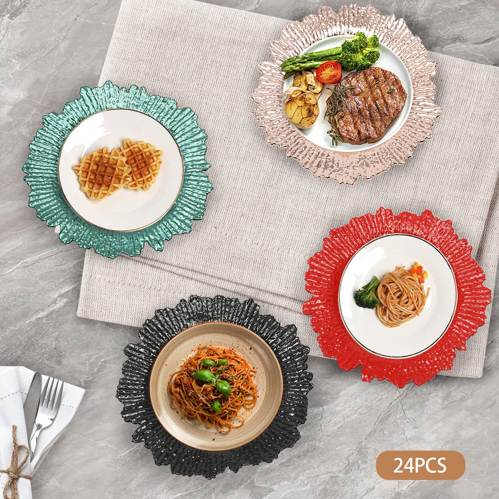 24-Pack 12.6 Inch Gold Plastic Charger Plates - Elegant Round Dinner Plates for Wedding, Party & Table Decor - Premium Gold Reef Chargers - Perfect for Formal Dinners, Buffets & Special Events