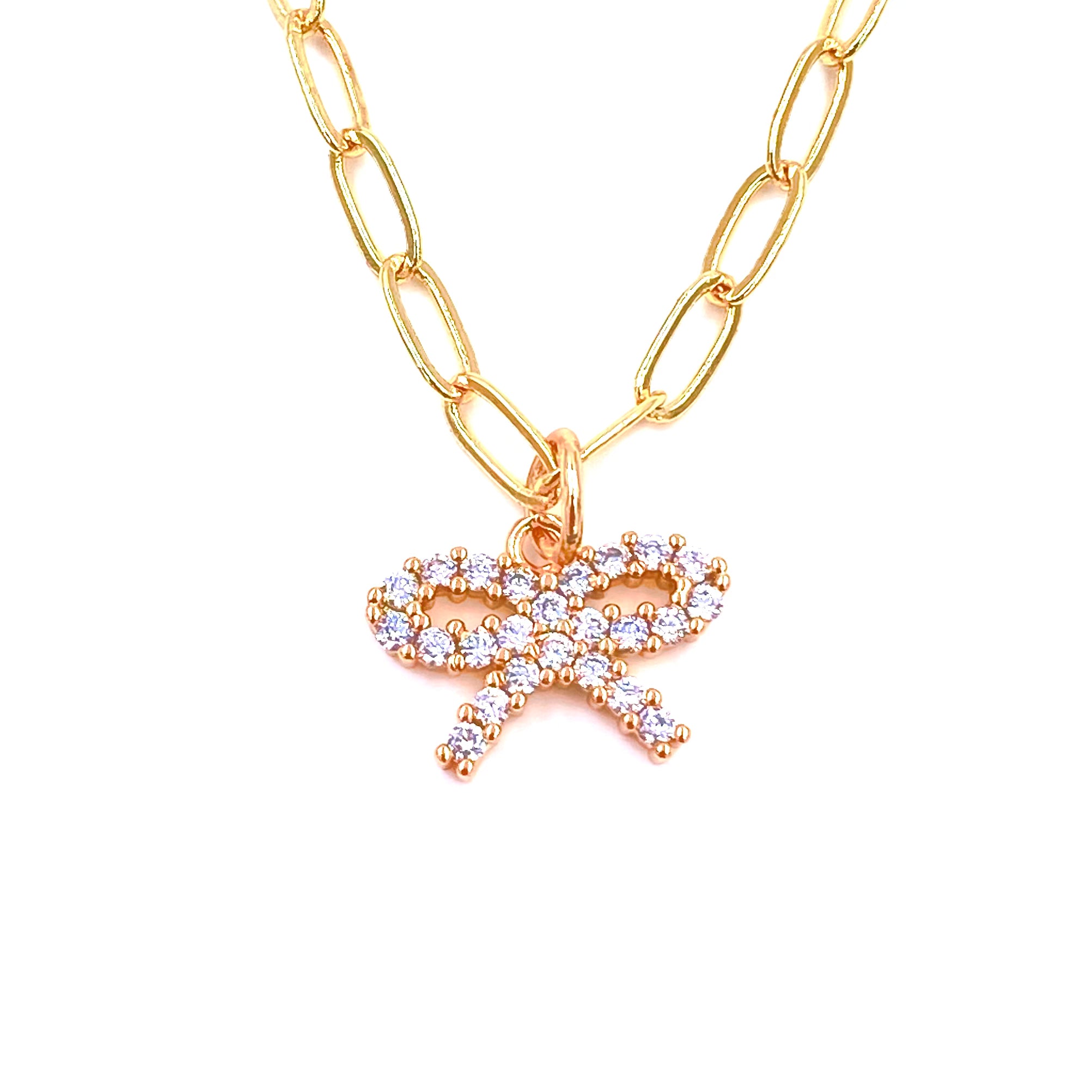 Ashley Gold Stainless Steel Gold Plated CZ Bow Design Necklace - Elegant Cubic Zirconia Jewelry for Women, Perfect for Parties, Weddings & Special Occasions