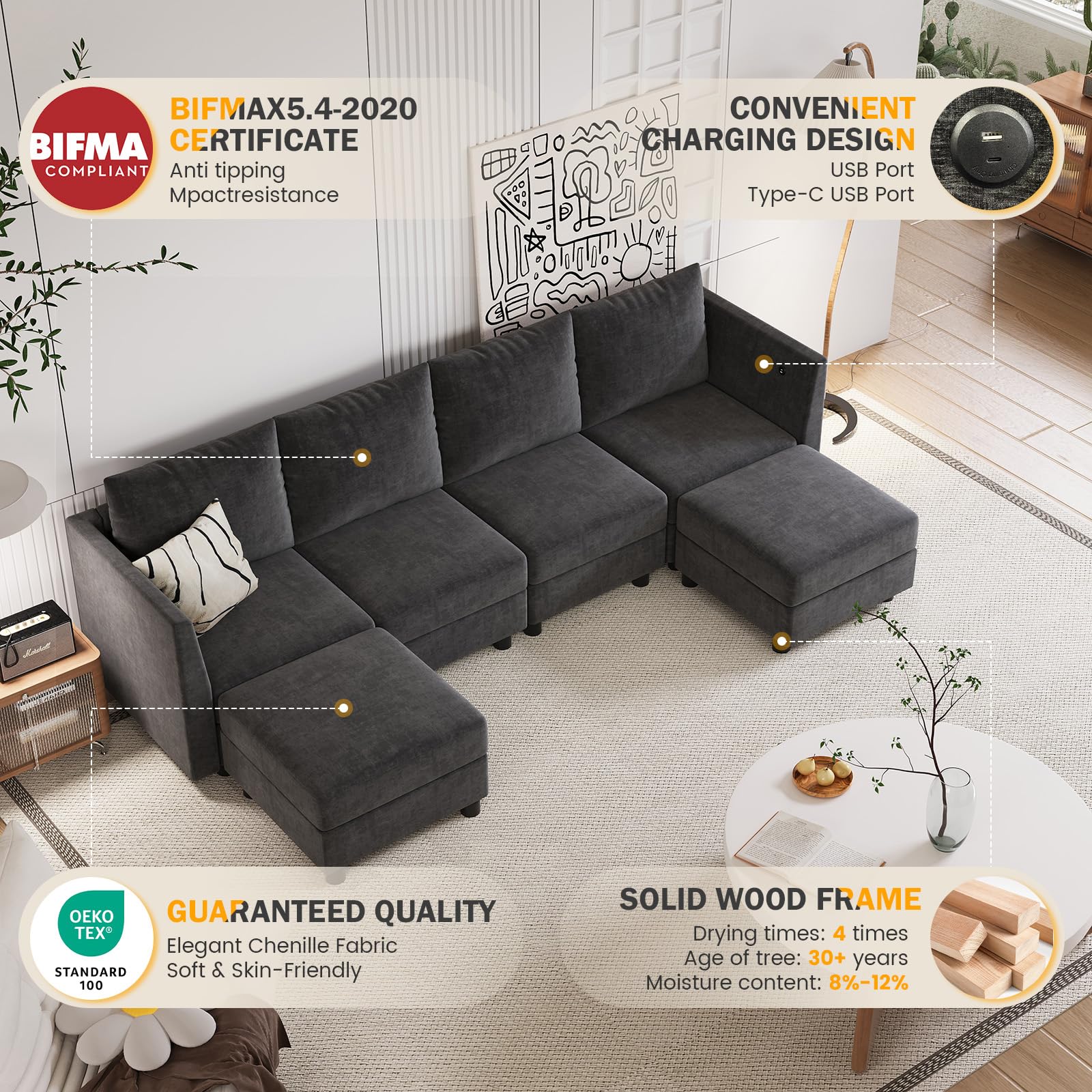 Modular Storage Ottoman Sectional Sofa with Reversible Chaise - Convertible Couch with Free Configuration - Dark Gray - Perfect for Living Room, Bedroom & Home Office