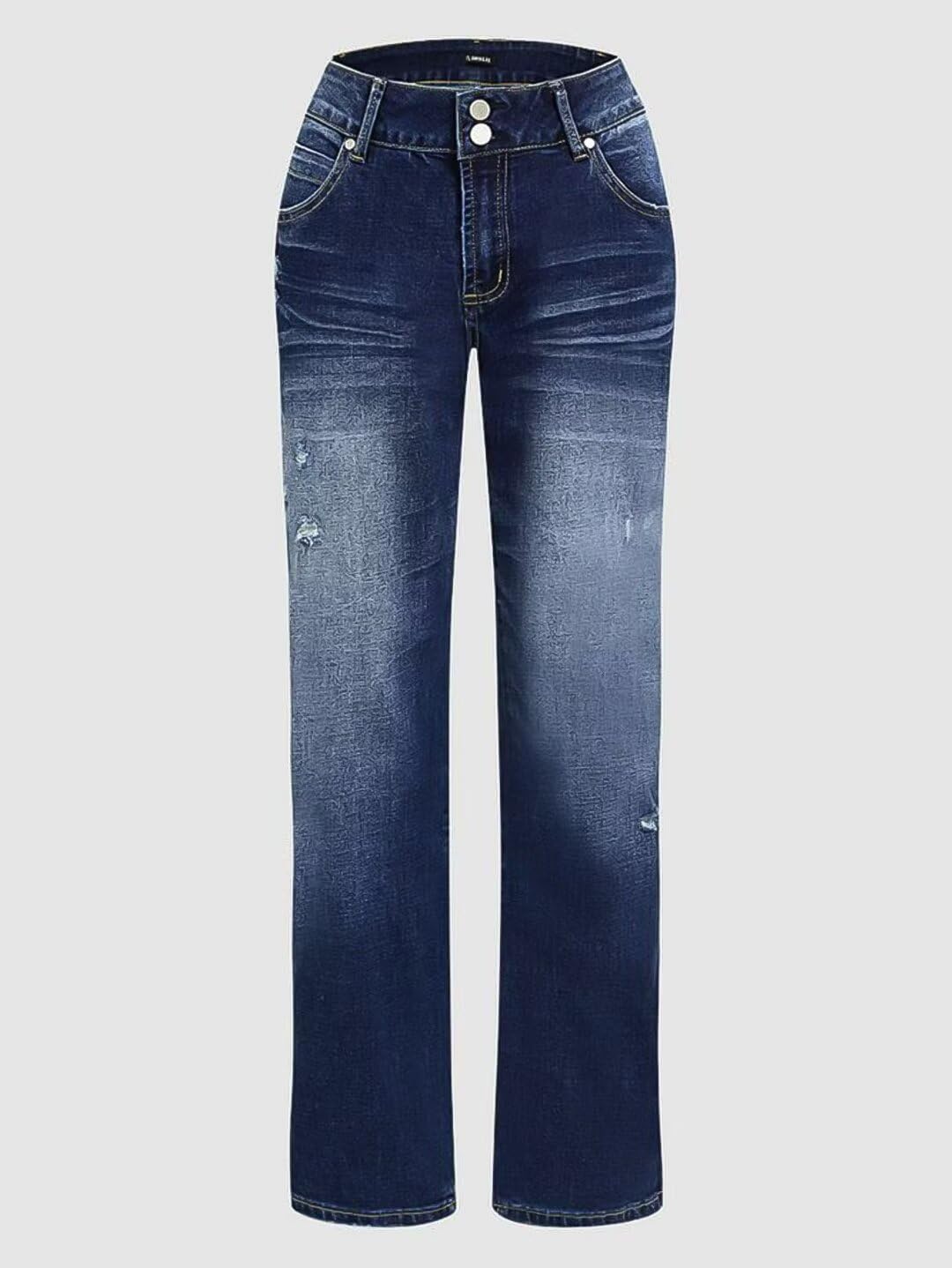 Flamingals Women's Low Rise Straight Leg Stretchy Ripped Raw Hem Denim Jeans - Casual Comfort for Everyday Wear, Date Night & Weekend Outings
