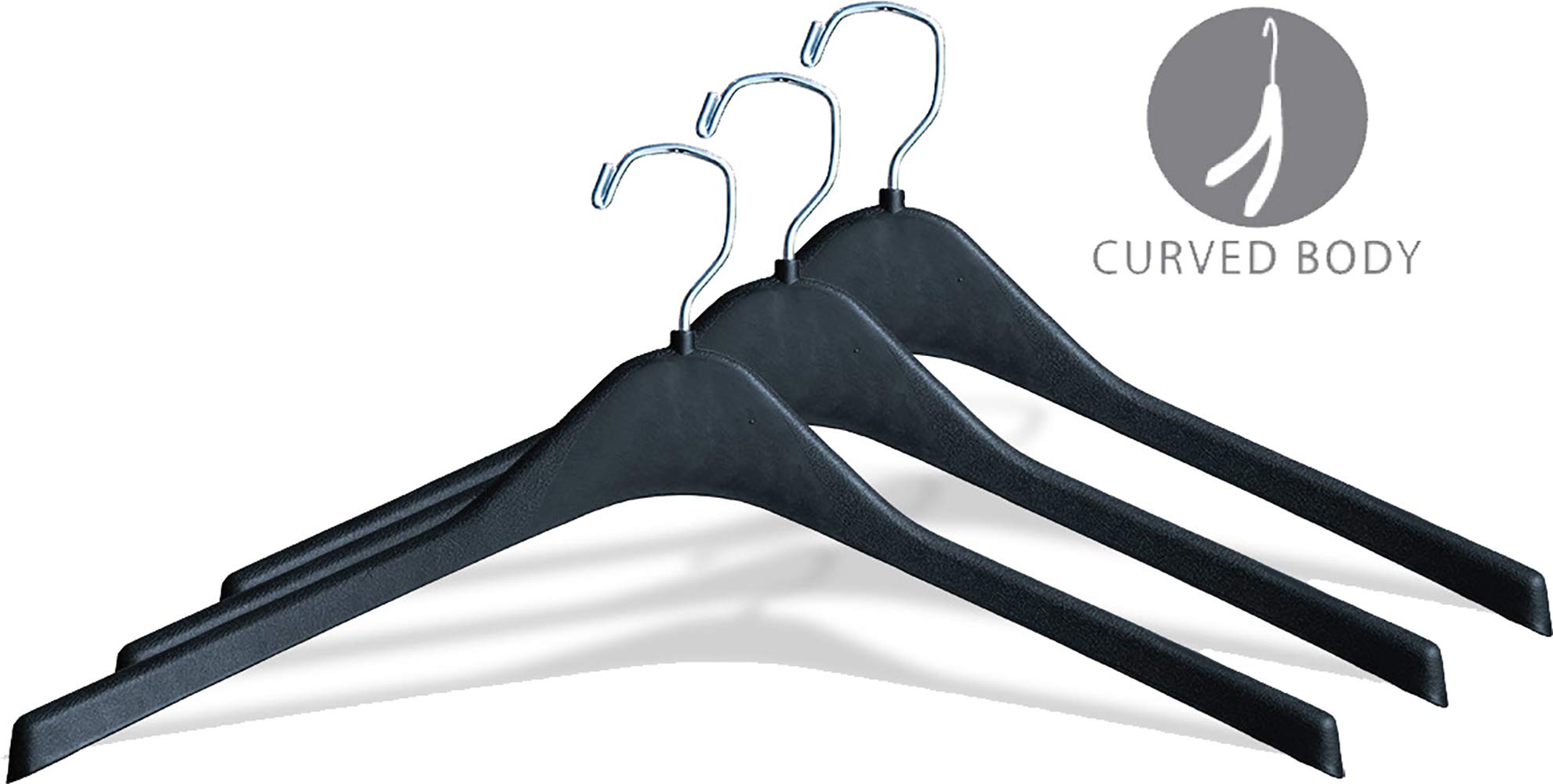 Heavy Duty Black Plastic Coat Hangers - 12 Pack with 1/2 Inch Thick Contoured Design & Chrome Swivel Hook - Premium Closet Organization for Jackets, Coats & Formal Wear - The Great American Hanger Company