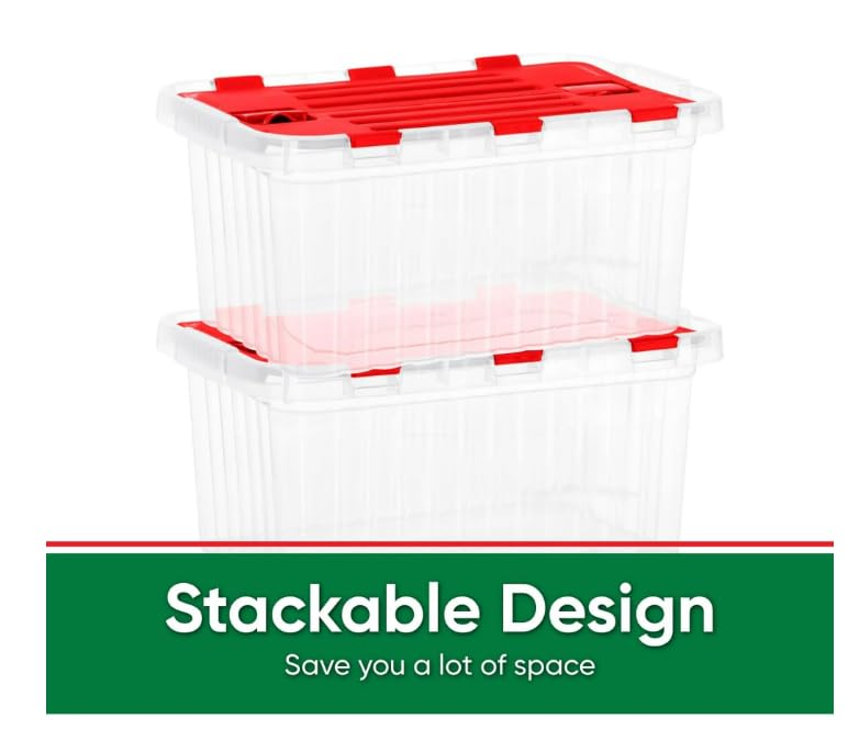 Superio 6-Pack Christmas Storage Boxes with Red Hinged Lids - 35 Quart Plastic Organizer Bins, Stackable BPA-Free Containers for Home, Office & Dorm - Perfect for Holiday Decorations, Gift Wrapping & Seasonal Organization