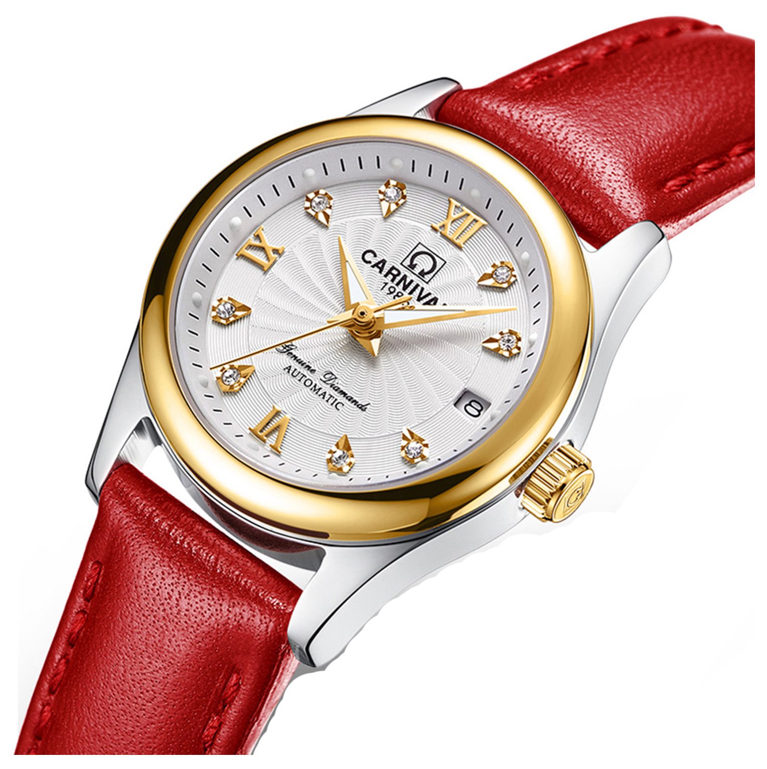 Luxury Women's Automatic Mechanical Watch with Luminous Calendar, Diamond Accents & Waterproof Leather Strap (Red/White) - Perfect for Business, Parties & Everyday Wear