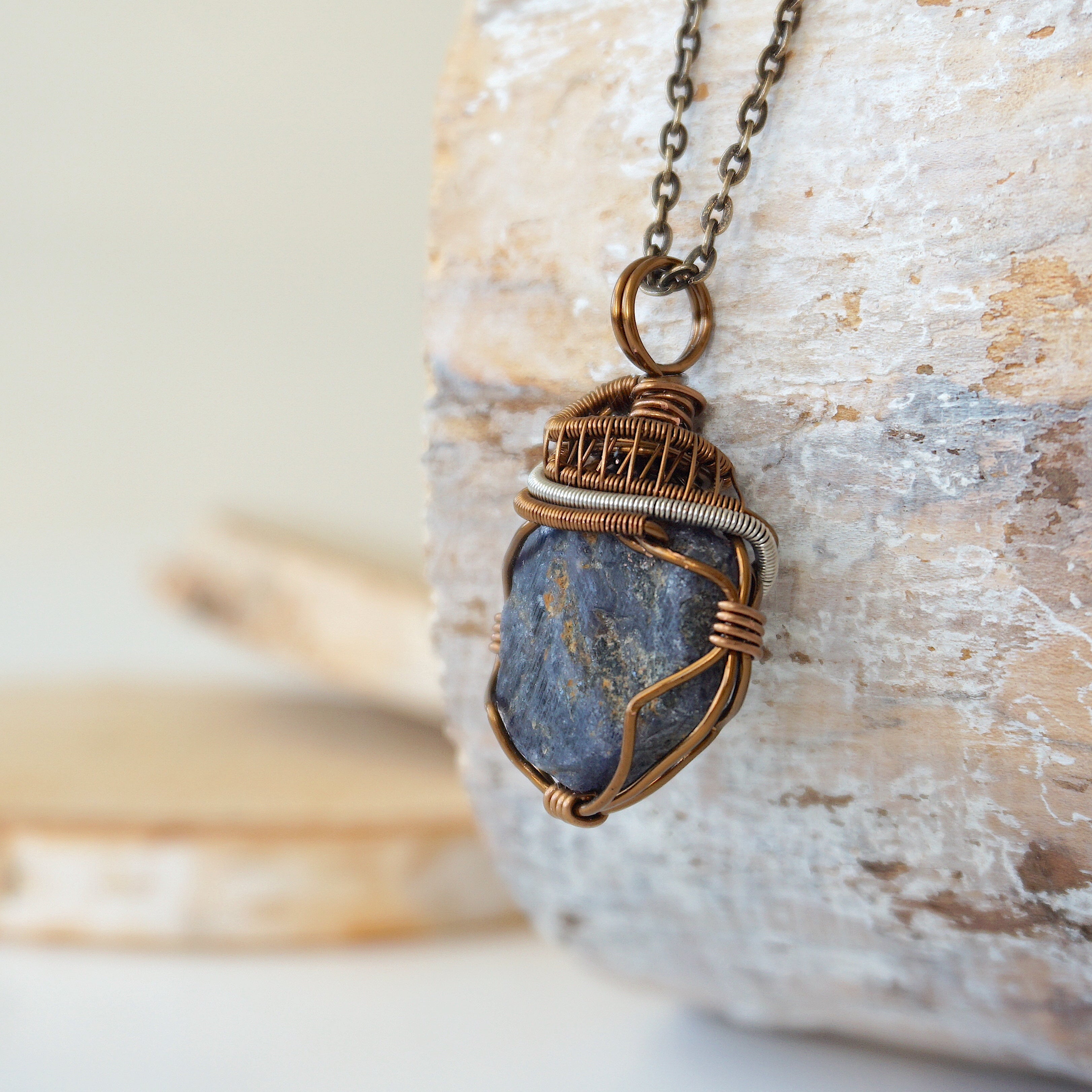 Raw Sapphire Necklace - Handcrafted Mixed Wire Antique Bronze Jewelry for Women | Boho Chic Pendant for Everyday Wear & Special Occasions