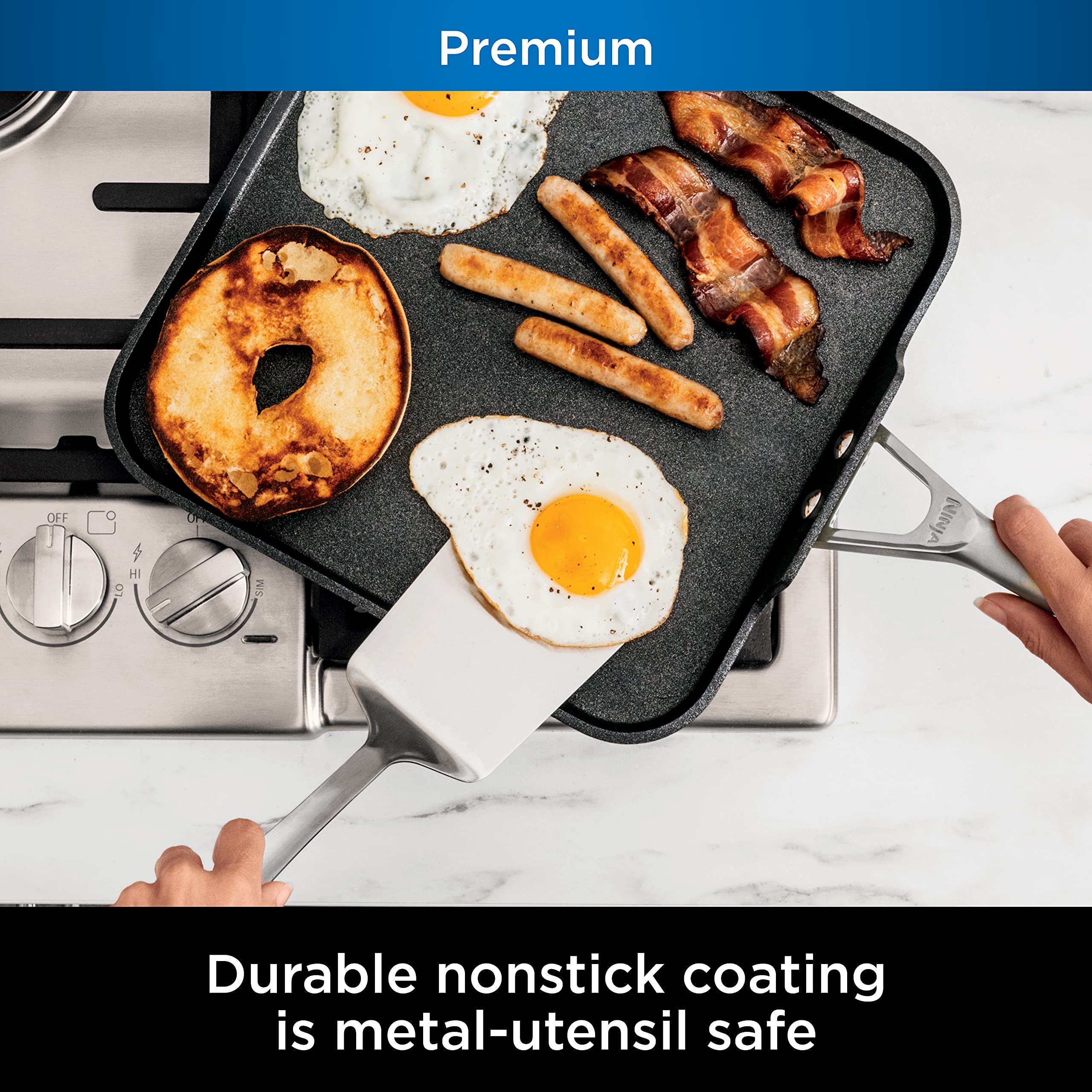 Ninja C30628 Foodi NeverStick Premium 11-Inch Square Griddle Pan - Hard-Anodized Nonstick Cookware, Oven Safe to 500°F, Durable & Scratch-Resistant, Slate Grey - Perfect for Pancakes, Burgers, Steaks & Indoor/Outdoor Cooking