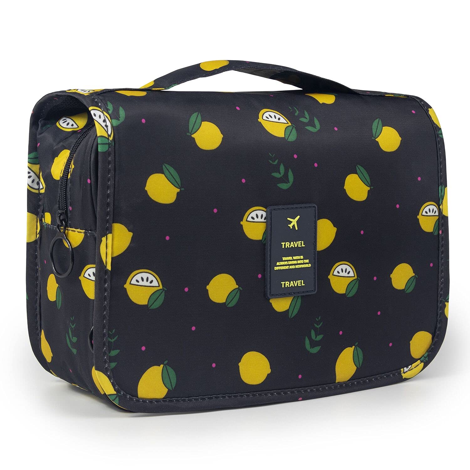 Premium Hanging Toiletry Bag for Travel - Large Cosmetic & Makeup Organizer with Sturdy Hook & Handle - Waterproof Travel Toiletry Bag for Men & Women - Perfect for Camping, Gym, Business Trips (Black Lemon)
