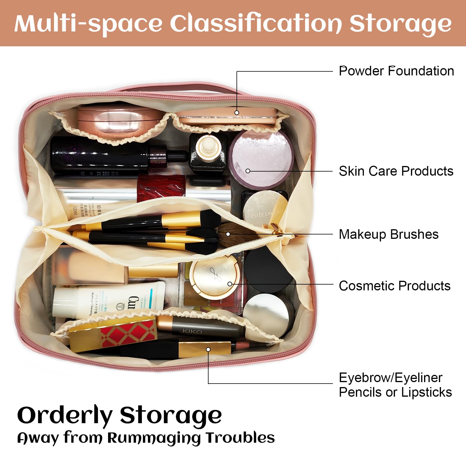 Large Makeup Bag for Travel - Spacious Cosmetic Organizer with Wide Opening, Portable Toiletry Bag for Women & Girls, Perfect Makeup Brush Storage & Gift Idea (Brown) - Ideal for Vacations, Gym, Business Trips & Daily Use