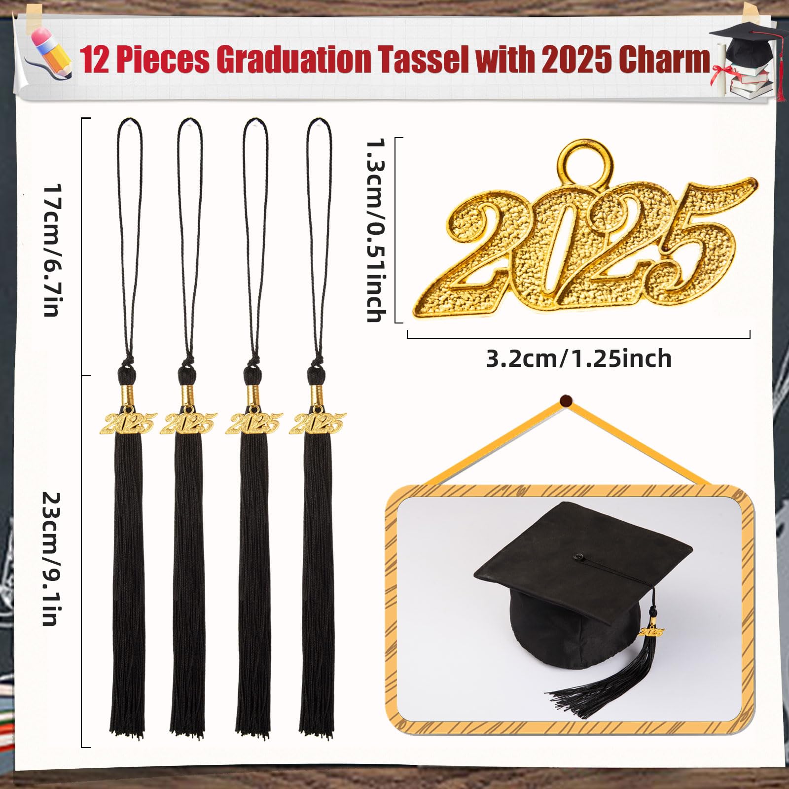 2025 Graduation Tassel Set - 12 Pack Black Graduation Cap Tassels with Year Charm | Graduation Ceremony Decorations & Party Supplies | Perfect for High School, College Commencement Celebrations
