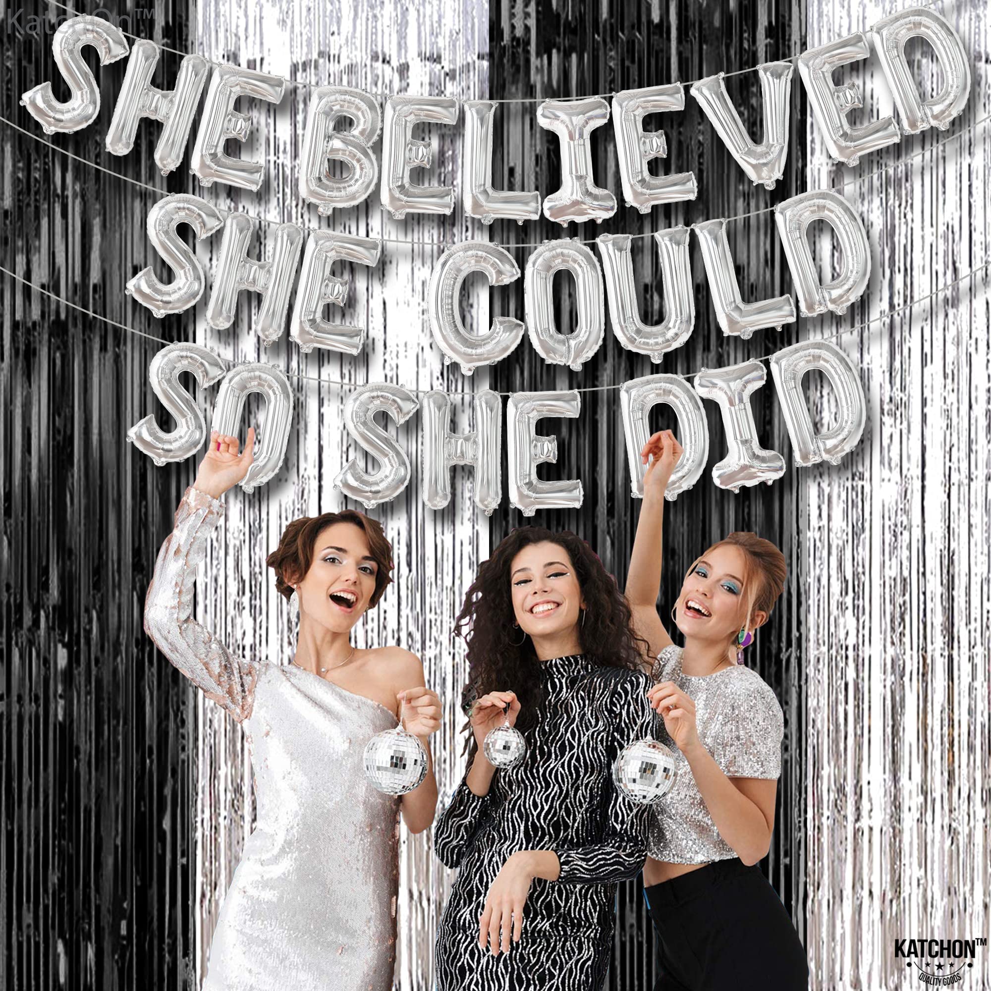 KatchOn Silver Metallic 'She Believed She Could So She Did' Graduation Banner - 16 Inch | Graduation Party Decor, Class of 2025 Garland, Wall Hanging for Commencement Ceremony & School Celebrations