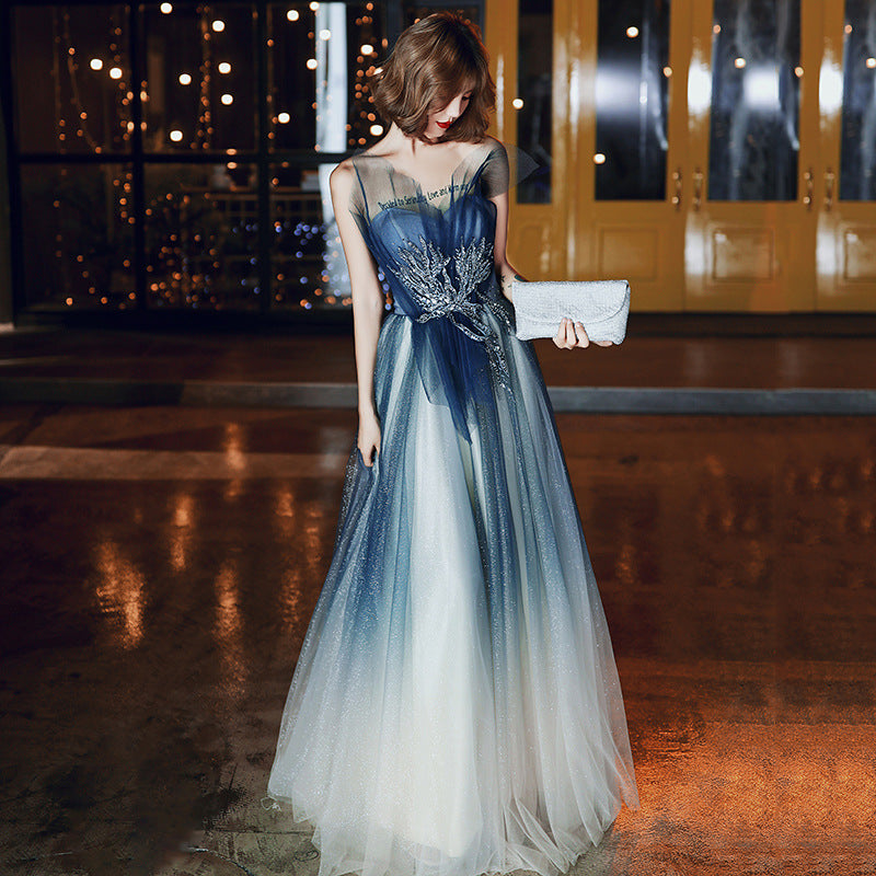 Elegant Blue Gradient A-Line Strapless Long Evening Dress for Women | Formal Gown for Prom, Wedding, Party & Special Occasions