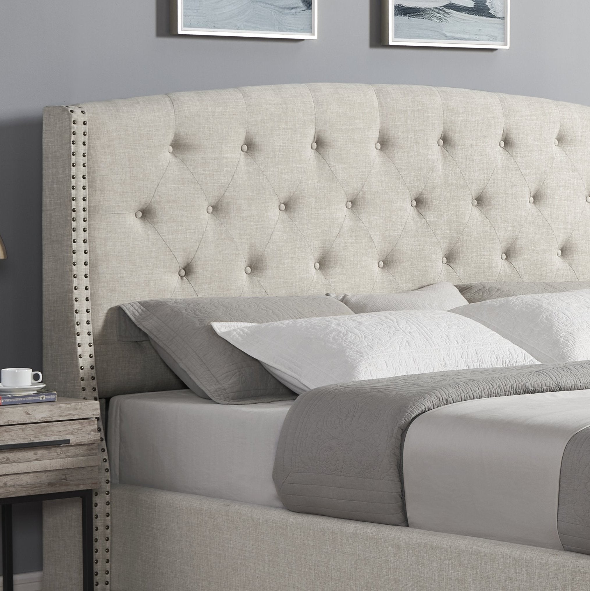 Roundhill Furniture Astral 3-Piece Upholstered Bedroom Set - Tufted Wingback Bed with 2 Nightstands for Master Bedroom & Guest Room Decor