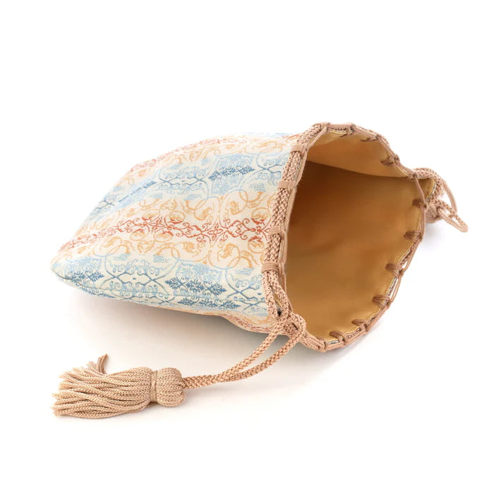 Nishijin Ori Small Drawstring Bag - Grapevine Brown & Blue - Handmade Kyoto Japan - Traditional Japanese Craft Purse - Perfect for Jewelry Storage & Gift Giving
