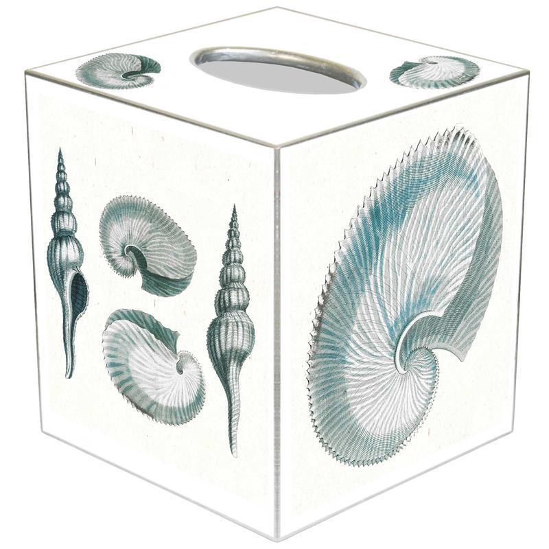 Blue Shell Decoupage Wastebasket with Optional Tissue Box Cover - Elegant Bathroom & Bedroom Trash Can for Home Decor