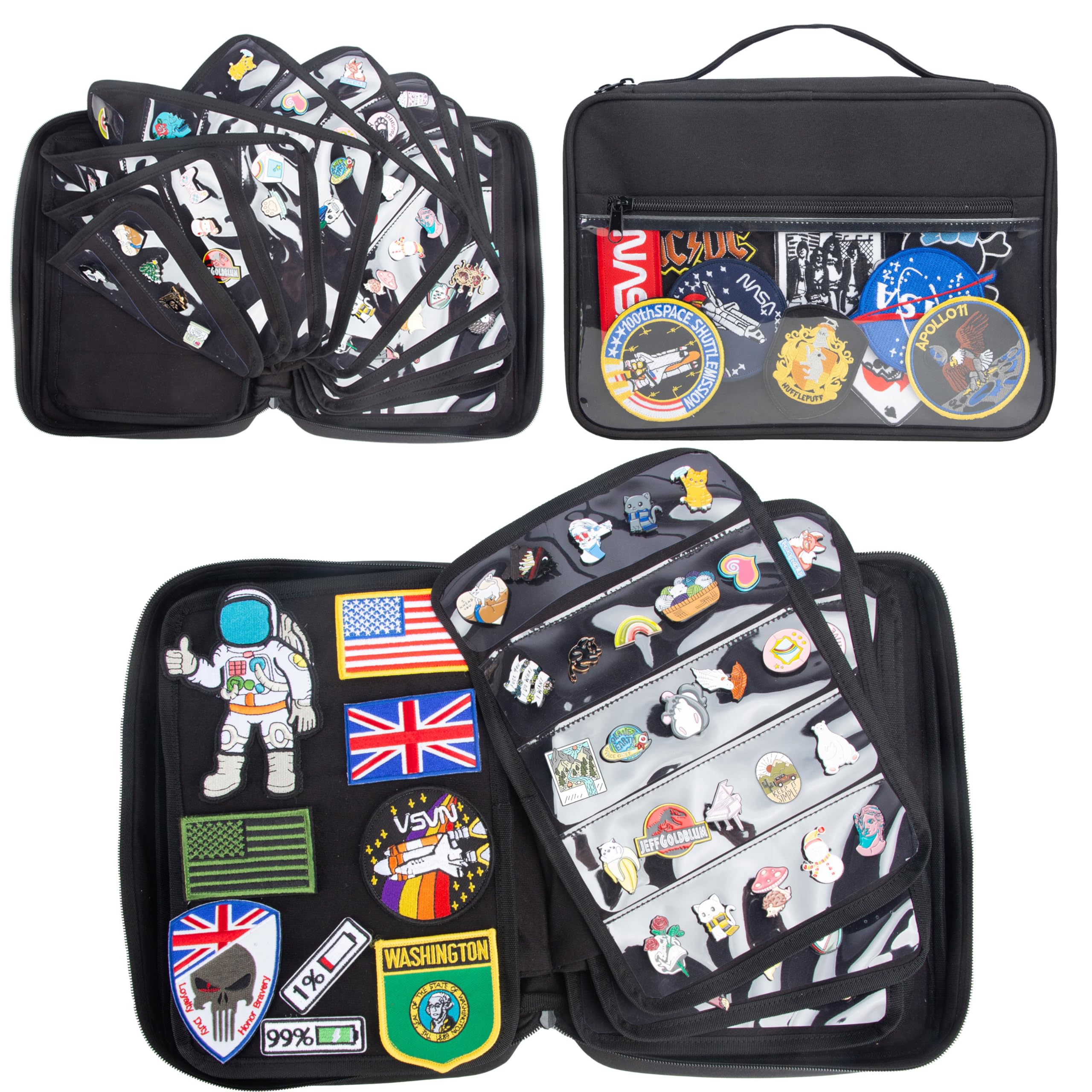 Large Portable Travel Brooch Pin Carrying Case - Enamel Pin & Lapel Pin Storage Organizer with 2 Zipper Pockets & 10 Display Pages (Holds 250 Pins) - Perfect for Collectors, Conventions & Travel (Black)