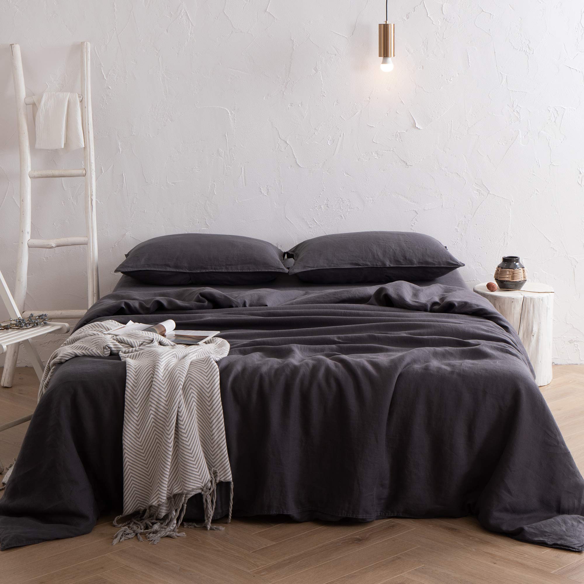Premium 100% French Flax Linen Duvet Cover Set - Queen Size Dark Gray Farmhouse Style Bedding with 1 Duvet Cover & 2 Pillow Shams | Breathable Washed Linen for All-Season Comfort - Perfect for Master Bedroom, Guest Room & Cozy Farmhouse Decor