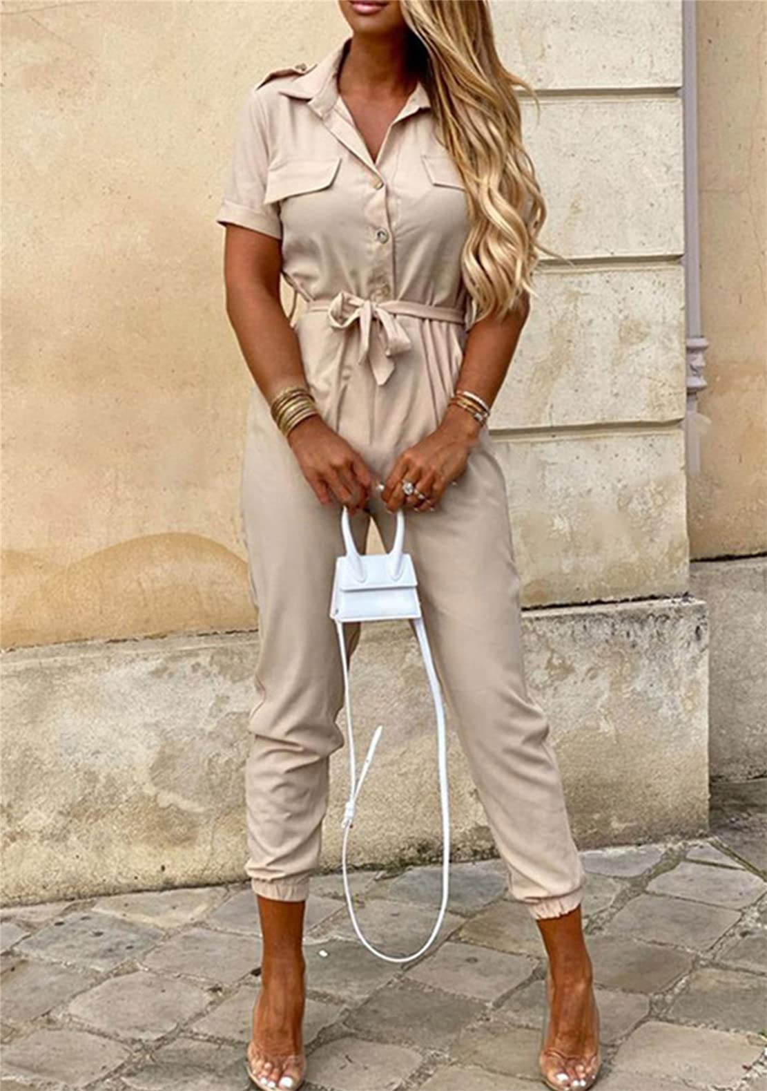 YMING Women's Casual Short Sleeve Jumpsuit - Summer Lapel Collar Romper Overalls with Belt - Plus Size Outfit for Beach, Vacation & Casual Wear