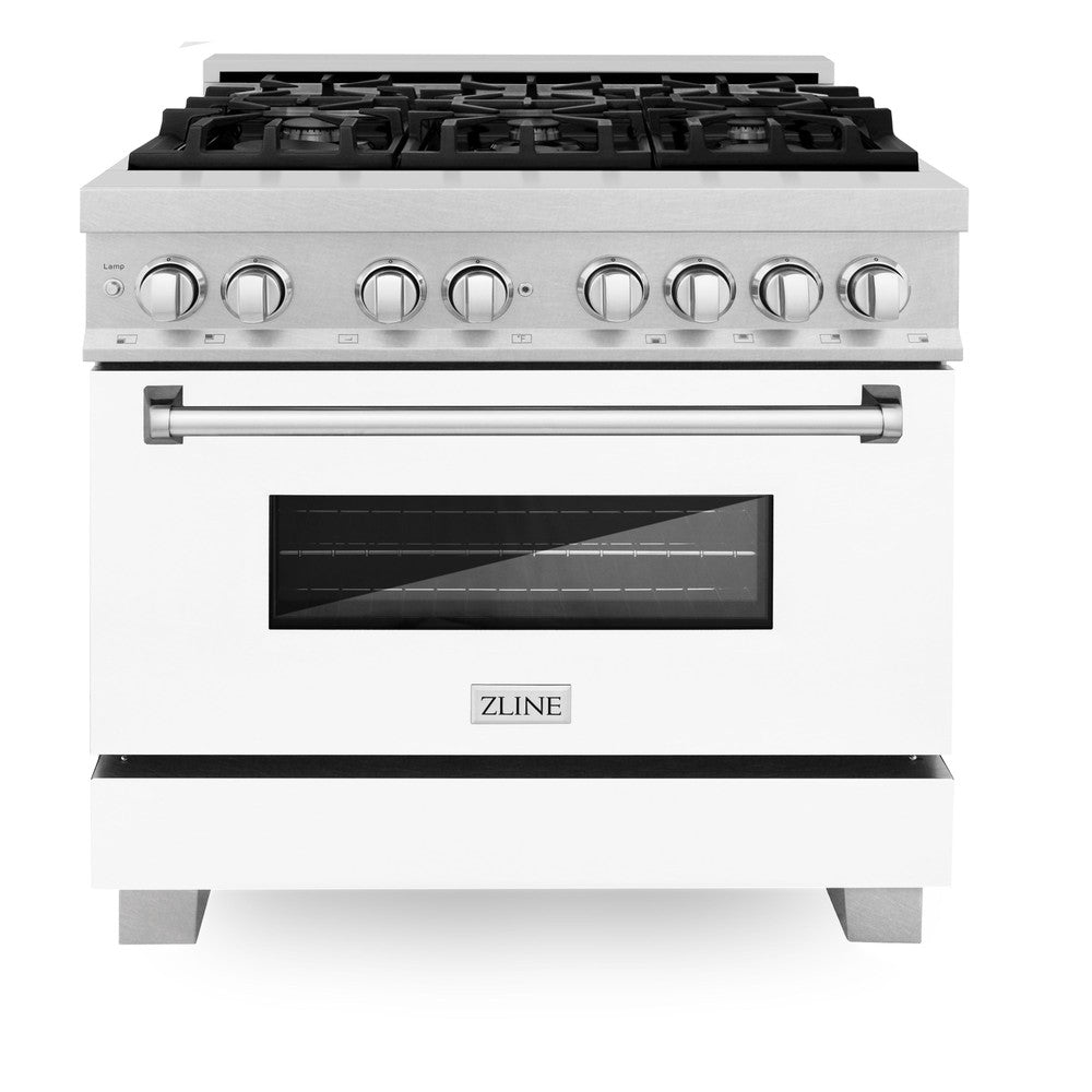 ZLINE 36-inch Professional Dual Fuel Range Kitchen Package - Stainless Steel Gas Stove with White Matte Door & Convertible Vent Hood - Perfect for Home Chefs & Modern Kitchens