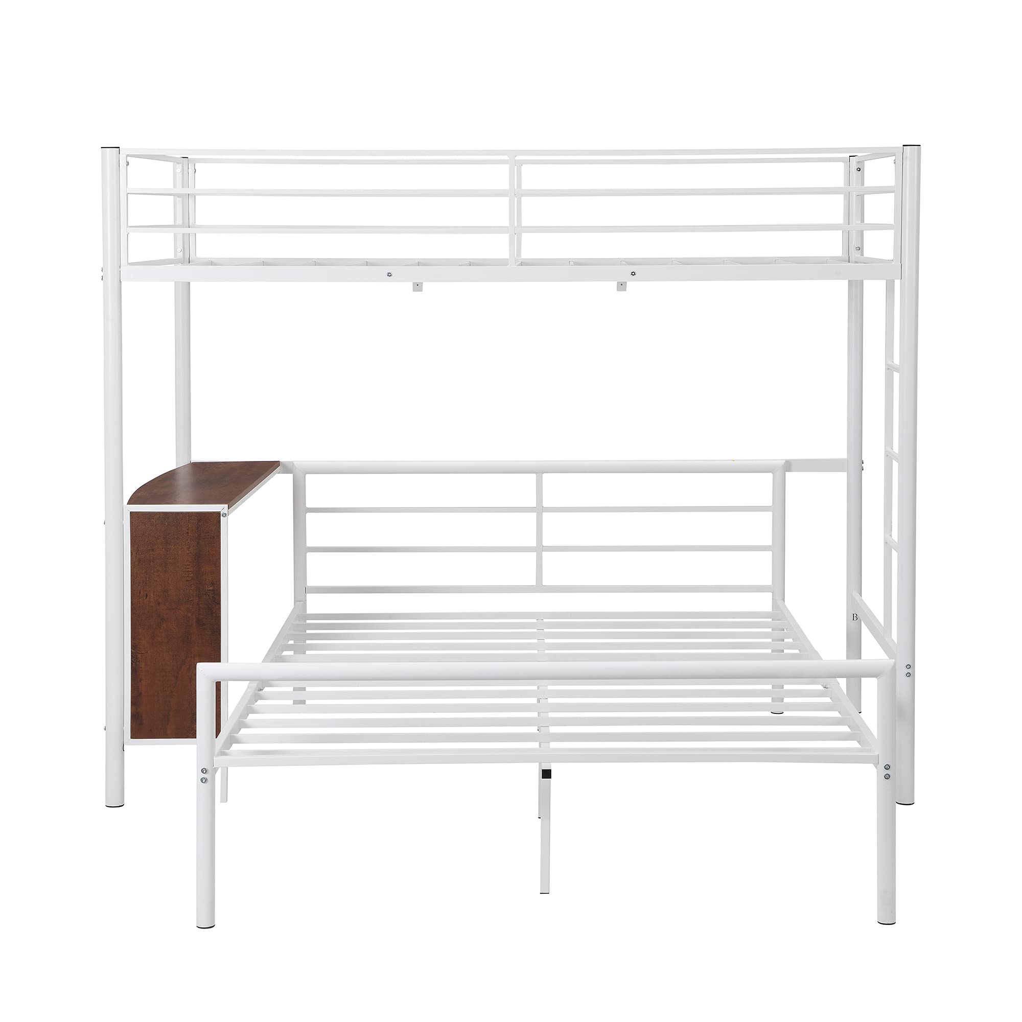 **Metal Twin Over Full Bunk Bed with Built-in Desk & Guardrail - Space-Saving Loft Bed with Flat Steps Ladder, White - Perfect for Kids' Rooms, Dorms & Small Apartments**