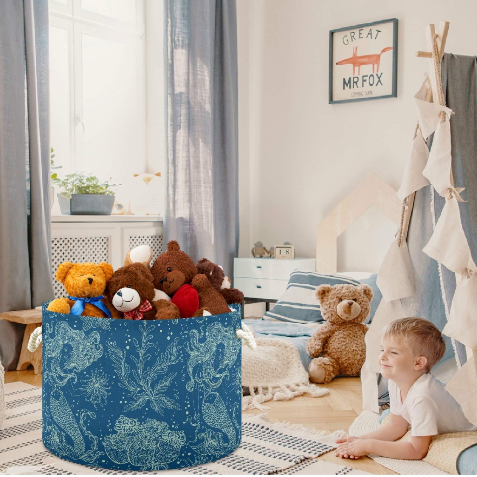 Visesunny Collapsible Large Capacity Storage Basket - Mermaid Fish Toy & Clothes Hamper with Durable Cotton Handles - Perfect for Bathroom, Bedroom, Nursery, Laundry & Closet Organization - Ideal for Kids' Room Decor, Beach Toy Storage & Home Organization Solutions