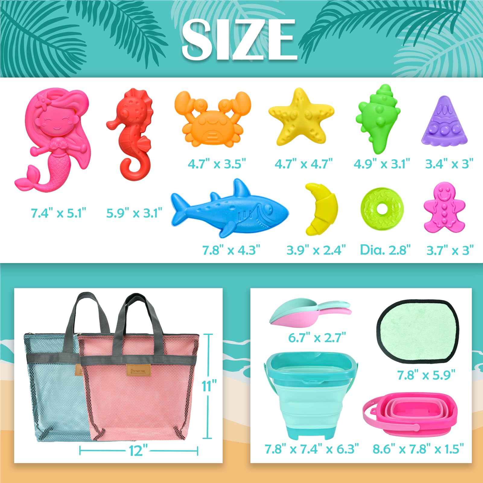 Foldable Beach Toys for Kids - 2 Pack Collapsible Sand Buckets, Mesh Storage Bags, Animal Shaped Sand Molds & Shovel Set for Toddlers Ages 3-7 | Perfect for Sandcastle Building, Beach Trips & Outdoor Summer Play