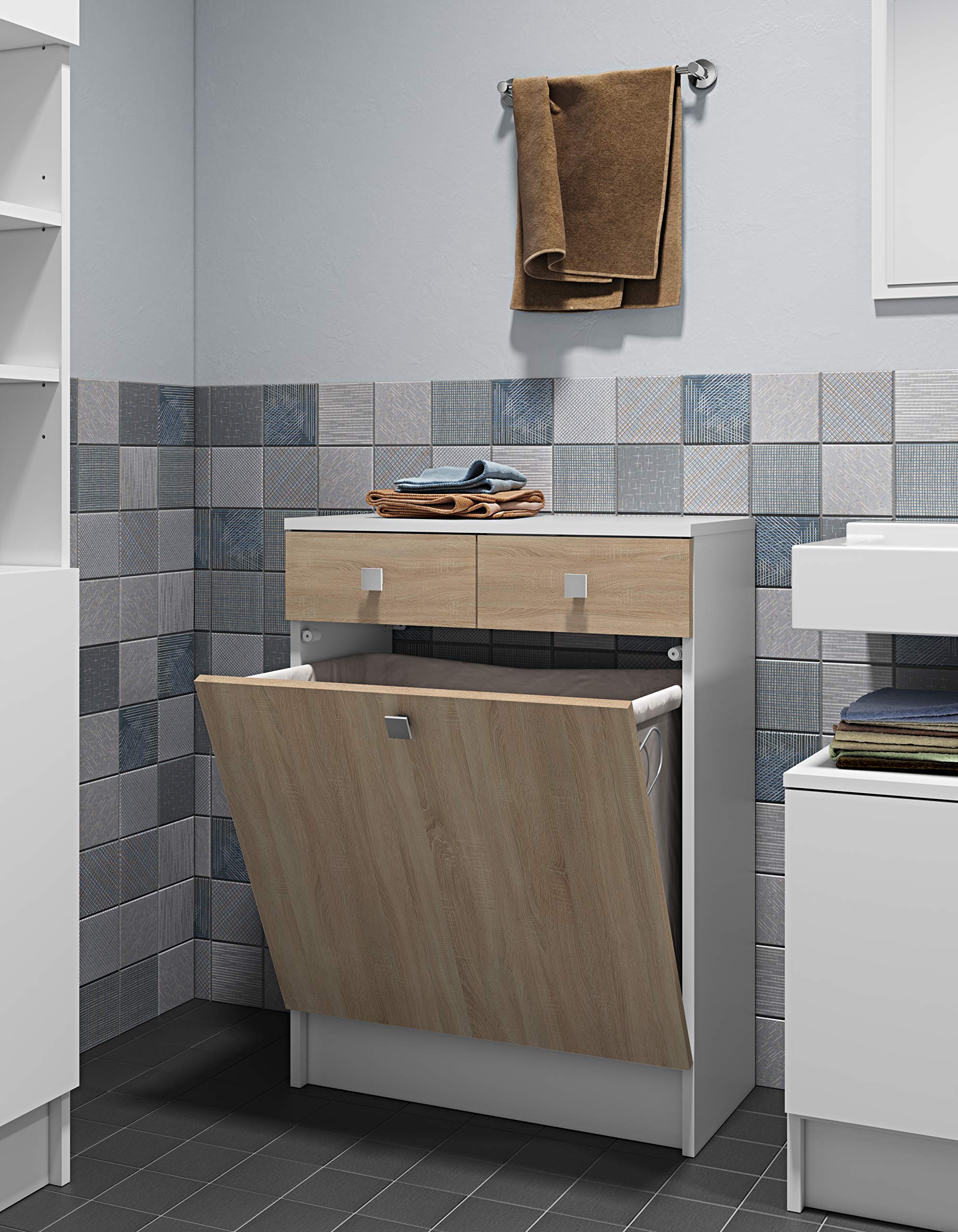 Symbiosis Bathroom Cabinet with Laundry Storage - Oak & White Finish - 60 x 81.5 x 29.6 cm - Space-Saving Bathroom Organizer for Small Spaces & Modern Homes