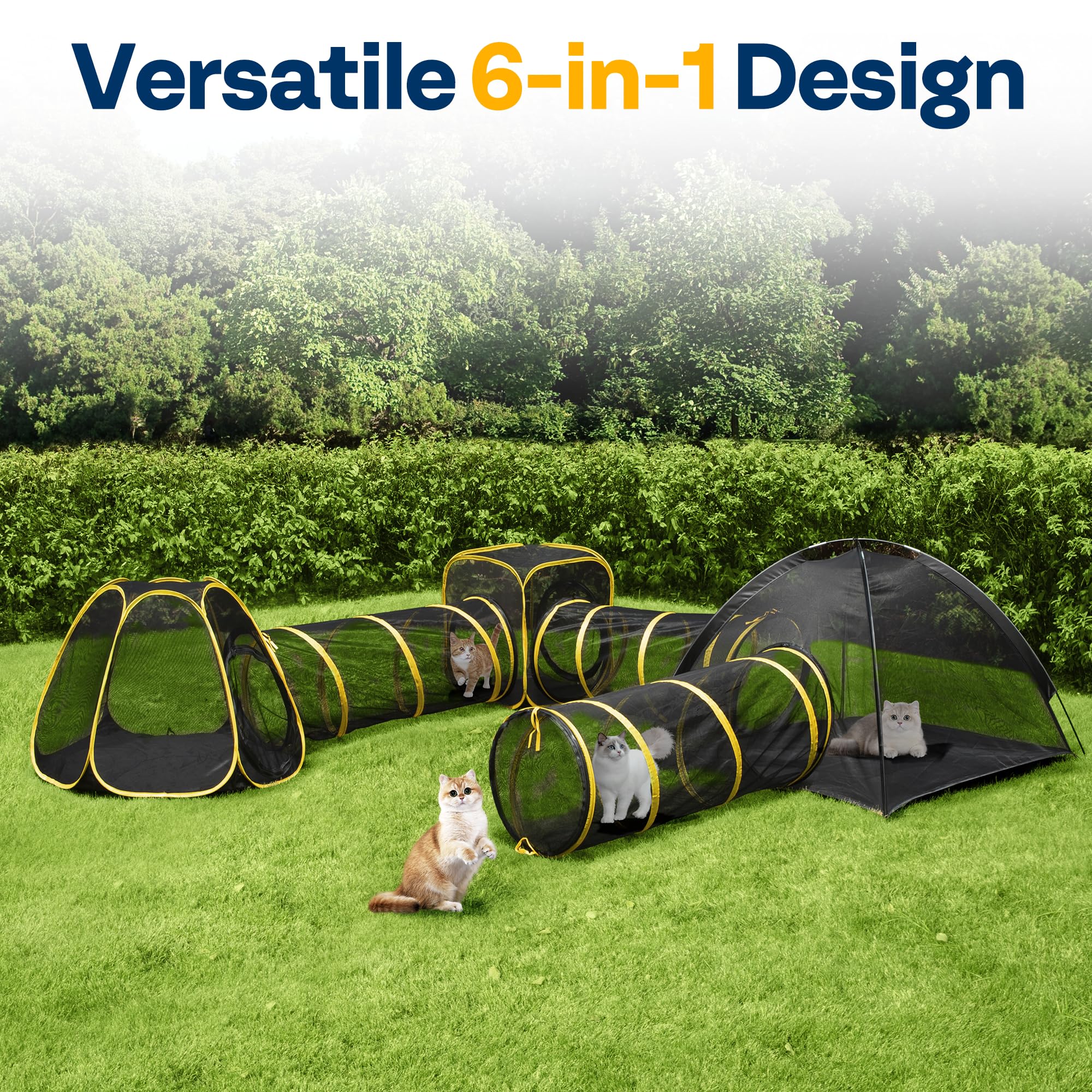 VIVOHOME 6-in-1 Outdoor Cat Enclosure with Playhouse, 2 Tents & 3 Tunnels - Portable Cat Playground with Leash & Mint Ball for Indoor/Outdoor Use - Perfect for Yard, Balcony, Camping & Pet Safety (Ideal for Kittens & Adult Cats)