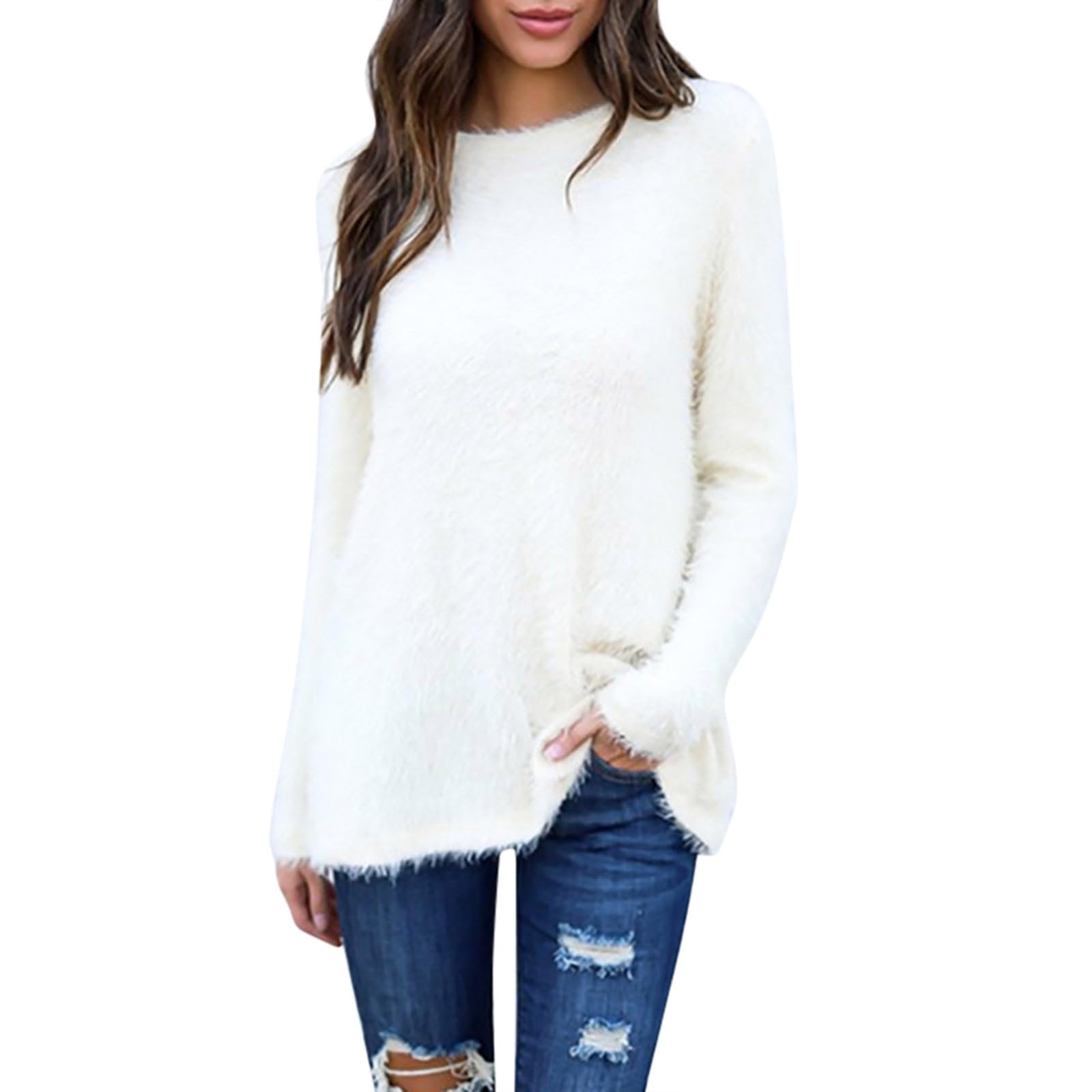Women's Oversized Long Crewneck Sweater - Solid Color Plus Size Fall Knitwear 2024 | Cozy Loungewear & Layering Essential for Autumn
