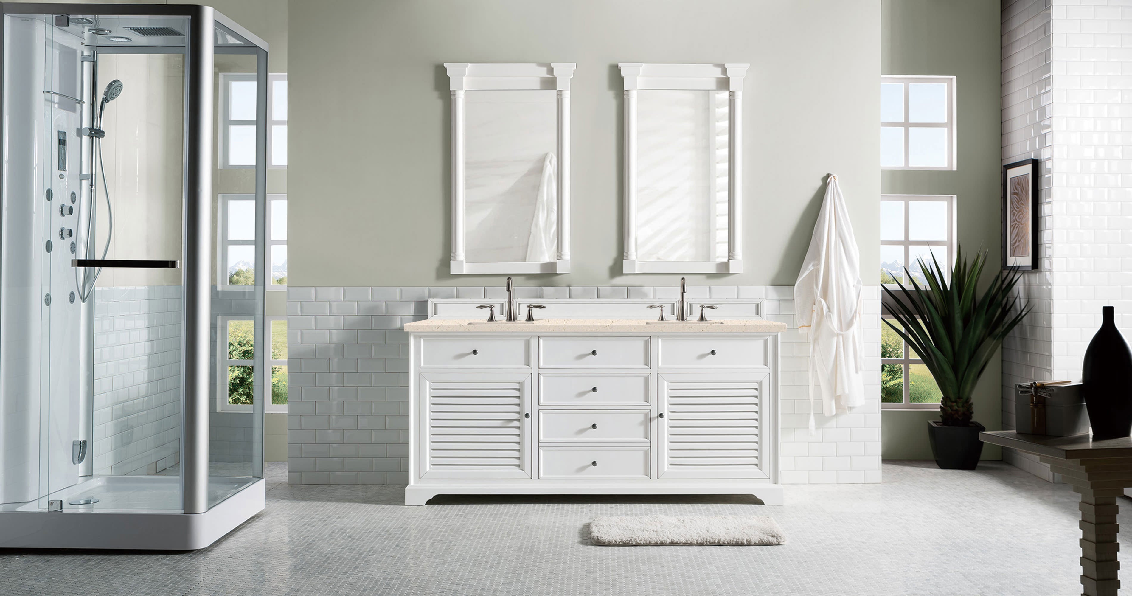 Savannah 72-Inch Double Vanity Cabinet with 3CM Eternal Marfil Quartz Top in Bright White - Perfect for Master Bathroom & Luxury Home Renovation