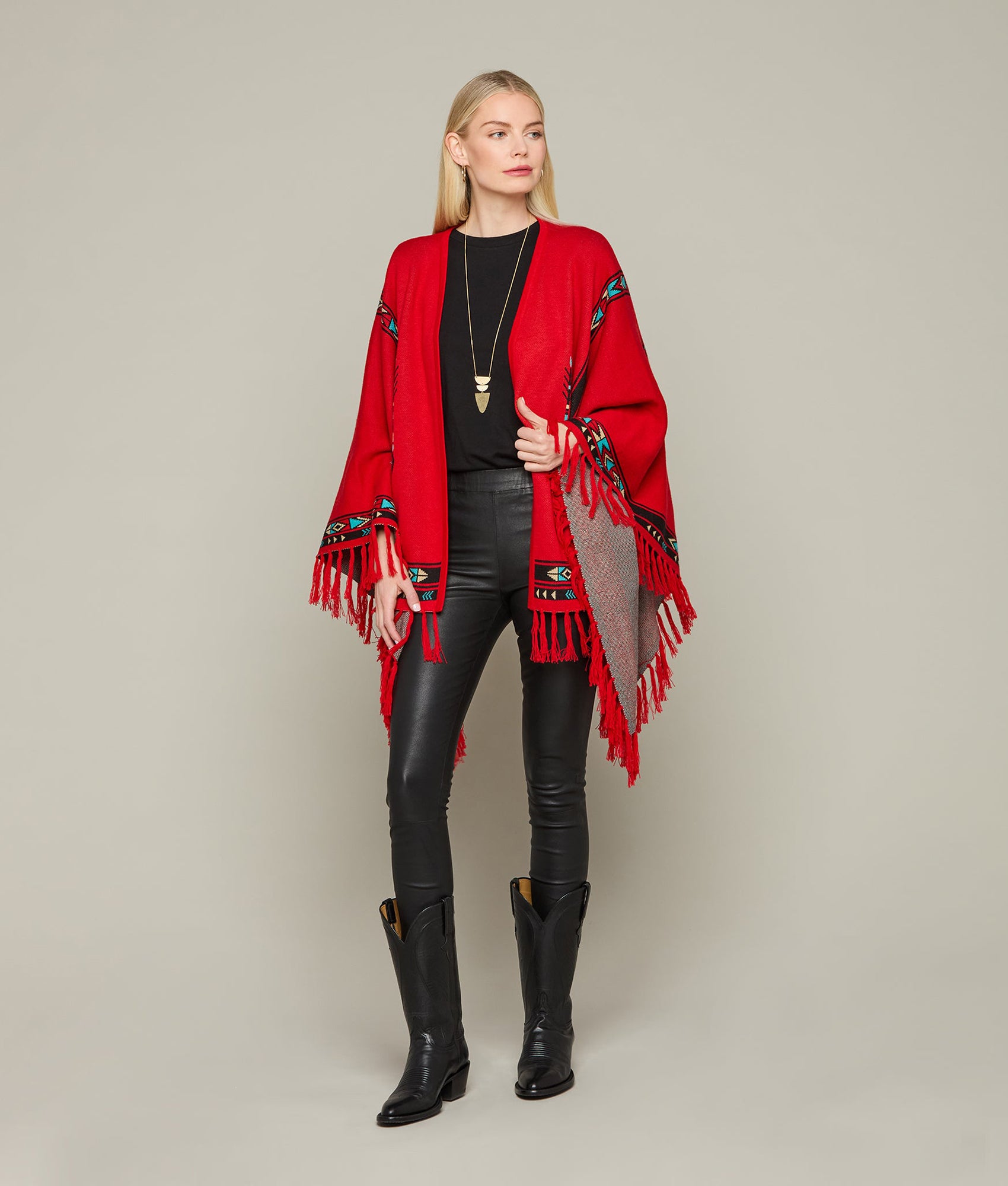 Warm Alpaca Fleece Cape - Soft & Cozy Red/Turquoise Winter Shawl for Women | Perfect for Outdoor Adventures, Travel & Casual Wear