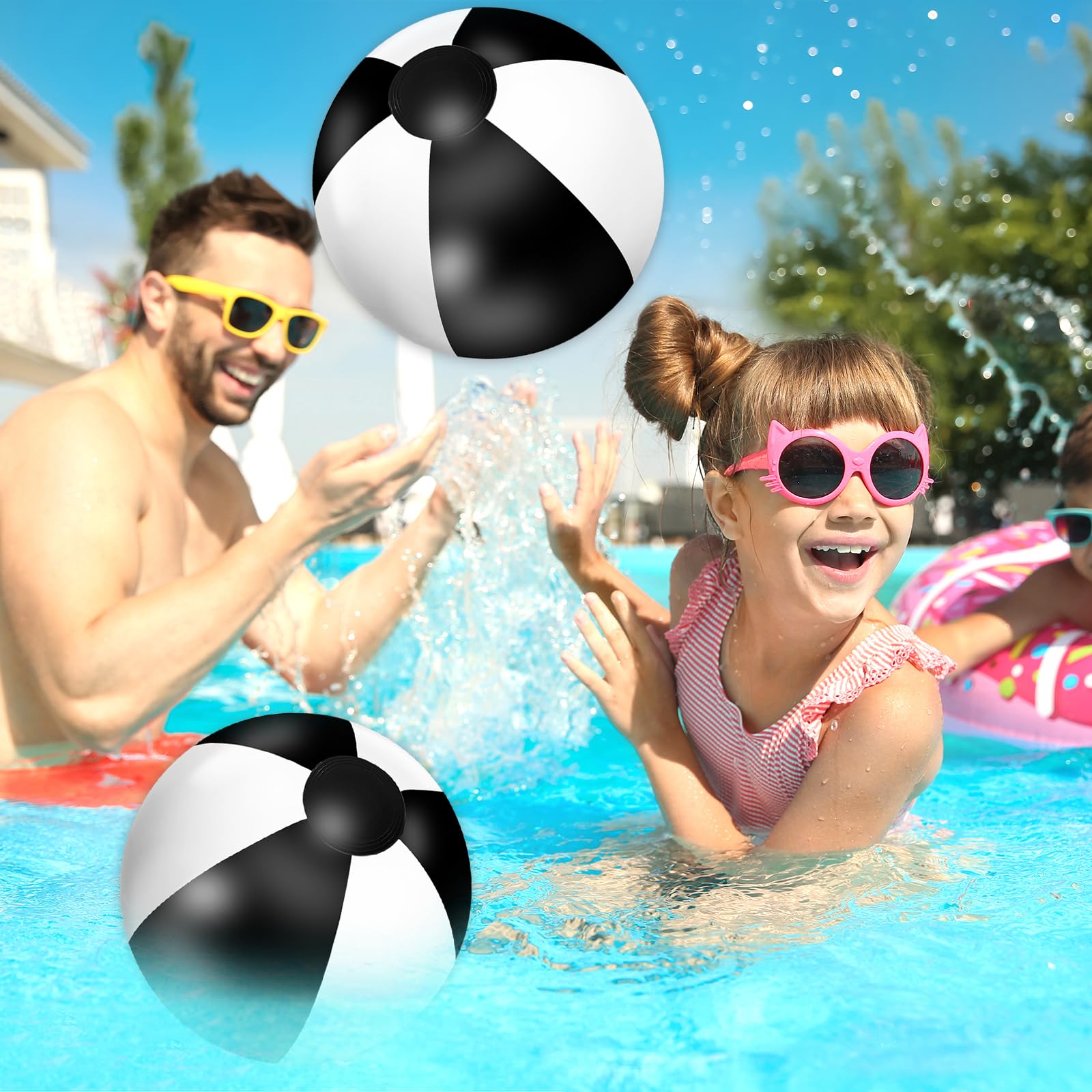 Whaline 16Pcs 16'' Black & White Inflatable Beach Balls - Round PVC Pool Toys for Summer, Hawaiian Tropical Theme Party Decorations - Perfect for Beach, Pool, Water Games & Sand Play