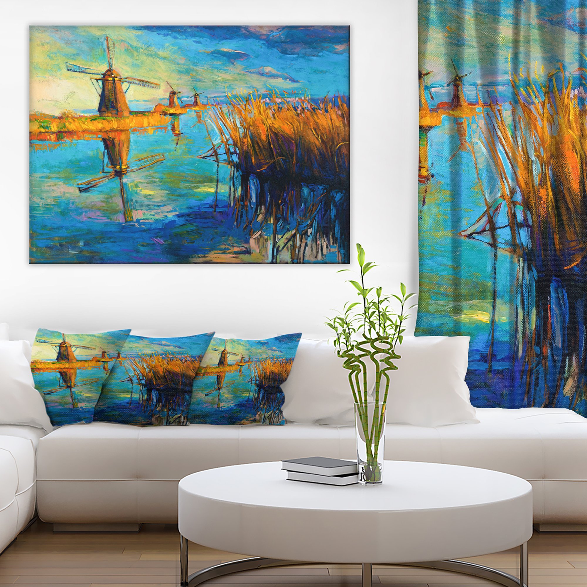 Windmills with Sky and Water Landscape Art Print Canvas - Scenic Dutch Countryside Wall Decor for Living Room, Bedroom & Office