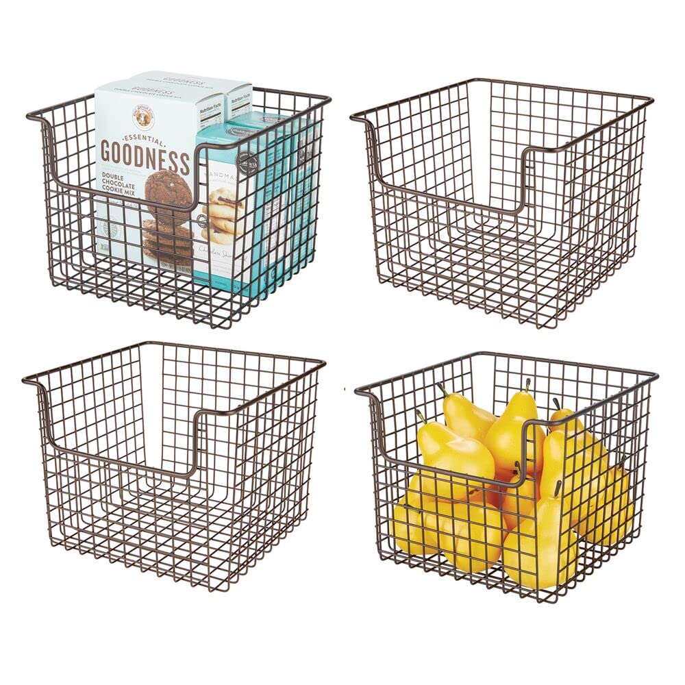 mDesign 4-Pack Bronze Metal Wire Food Storage Basket Organizer with Front Dip Opening - Kitchen Cabinet, Pantry, Bathroom, Laundry & Closet Organization - Concerto Collection - Perfect for Storing Snacks, Spices, Toiletries & Cleaning Supplies