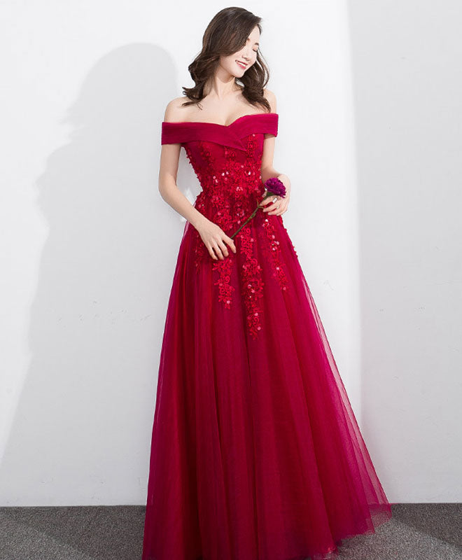 Elegant Burgundy Off Shoulder Tulle Lace Long Prom Dress for Women - Formal Evening Gown for Homecoming, Wedding, and Special Occasions