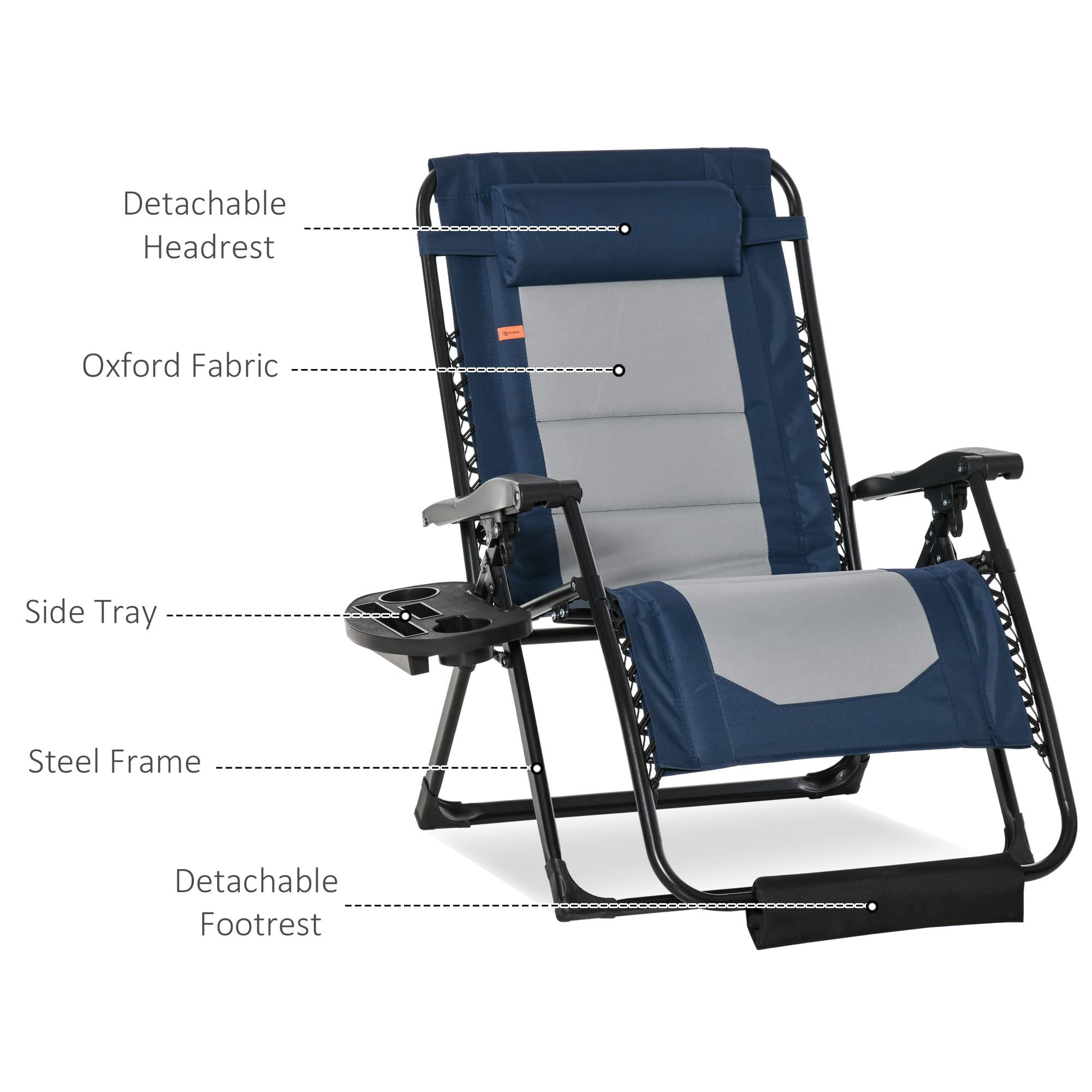 Outsunny Oversized Zero Gravity Lounge Chair with Footrest & Headrest - Foldable Outdoor Recliner with Side Tray, Cup Holders & Padded Armrests - Perfect for Camping, Backyard, Patio, Beach & Pool Relaxation - Blue